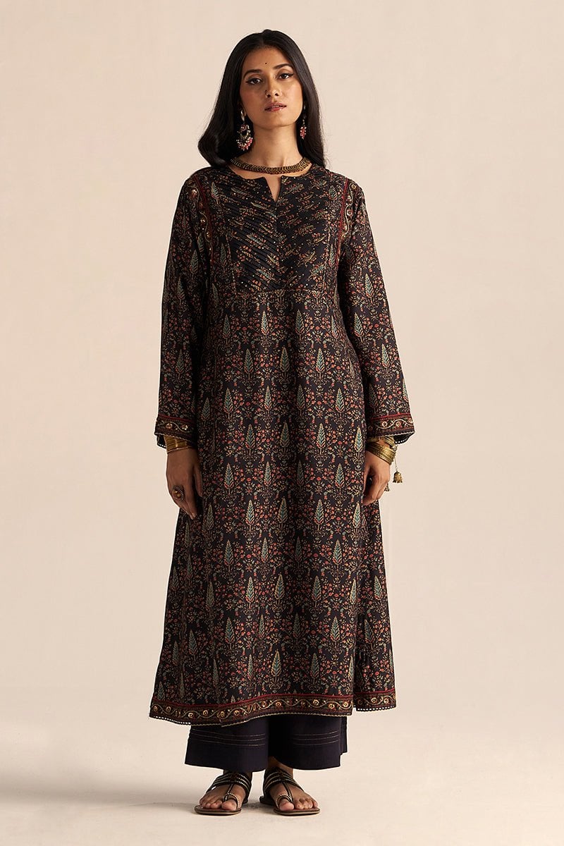 Black Printed Silk Co-ord Set with Wide-Leg Palazzo