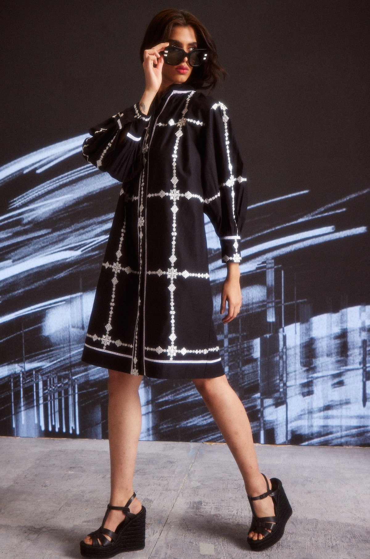 Black Embroidered Shirt Dress with Mandarin Collar