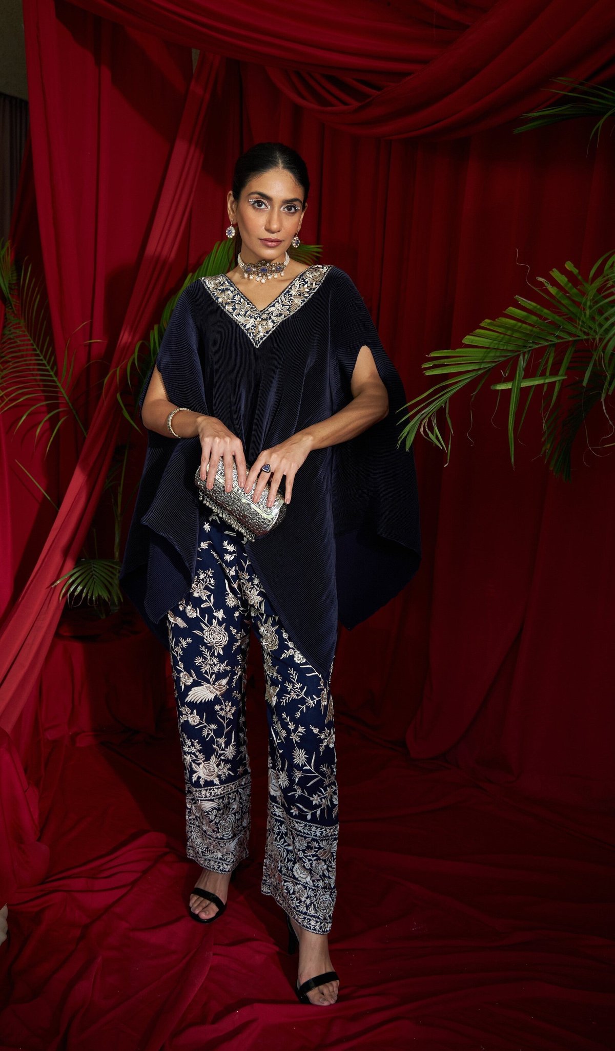 Navy Pleated Cape and Embroidered Straight Pants Co-ord Set