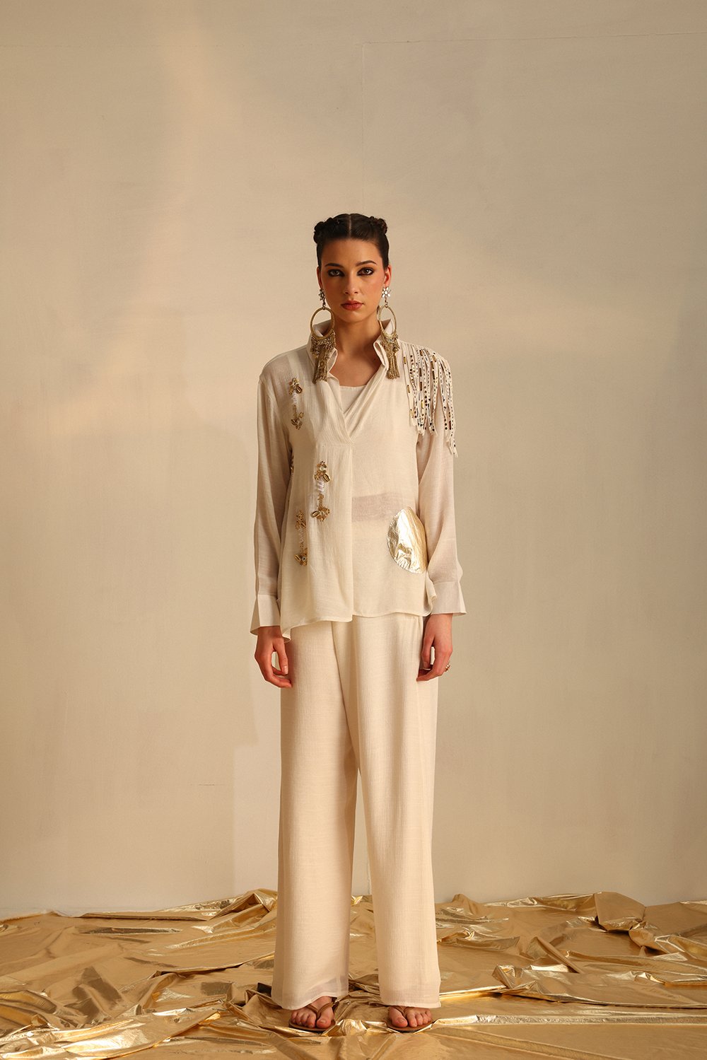 Off White Embellished Shirt and Palazzo Co-ord Set