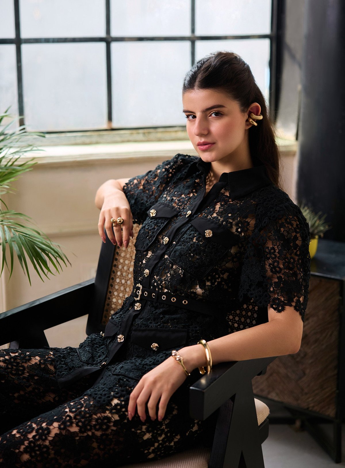 Black Embroidered Mesh Shirt and Wide-Leg Pants Co-ord Set