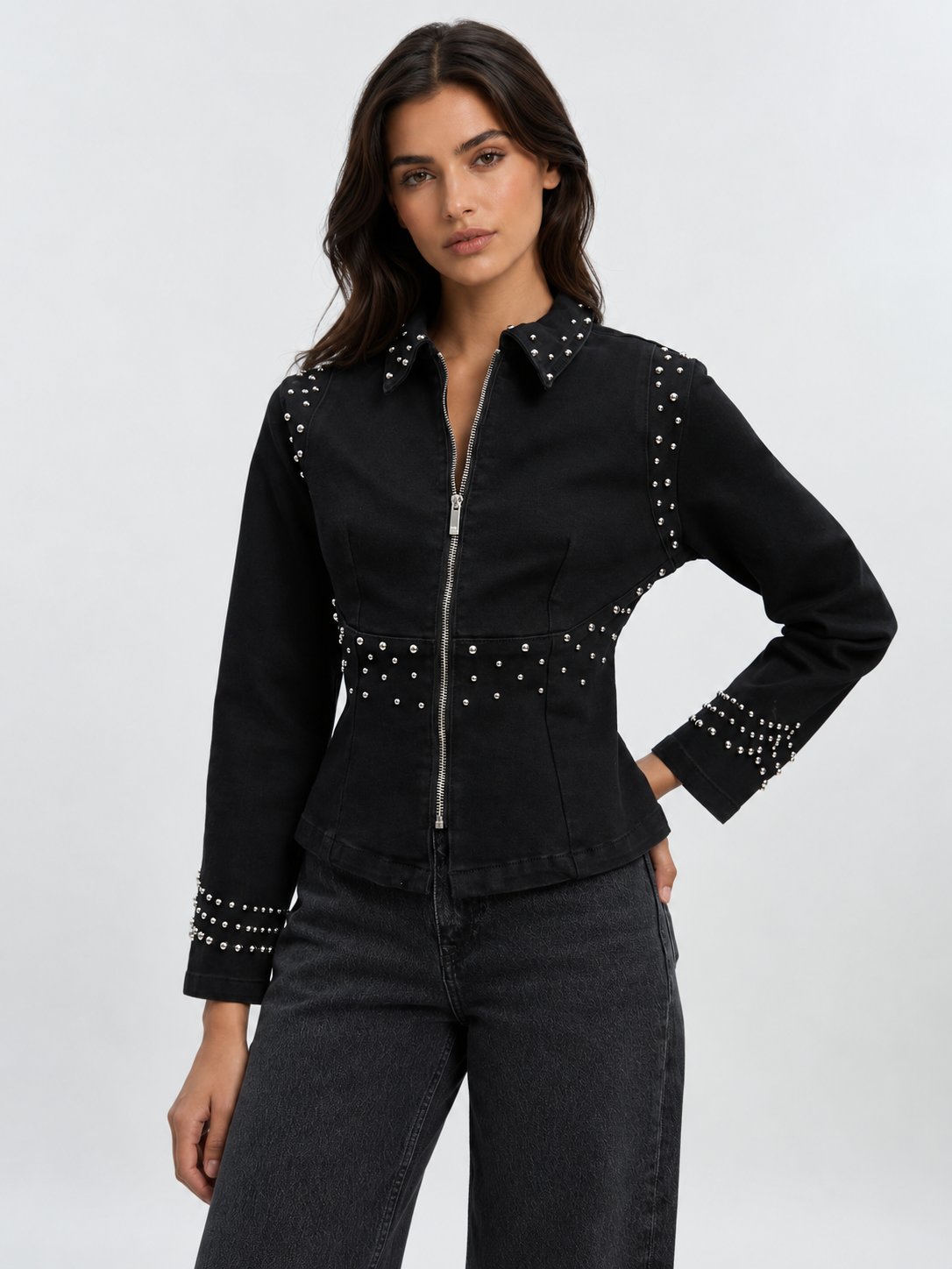 Black Studded Zip-Up Collared Jacket