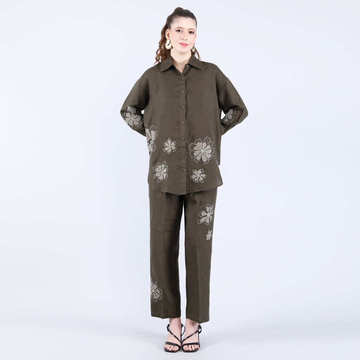 Olive Linen Embroidered Shirt and Pants Co-ord Set