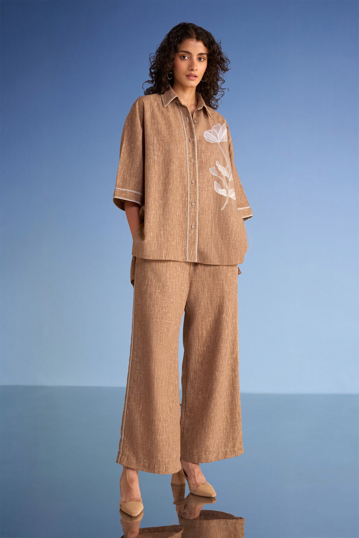 Coffee Linen-Blend Shirt with Ivory Floral Appliqué