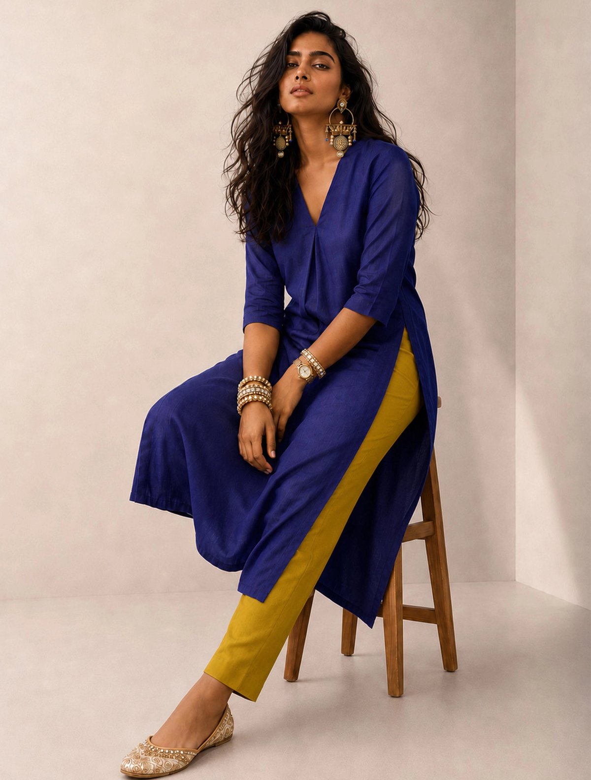Blue Solid Viscose High-Slit Kurta Set