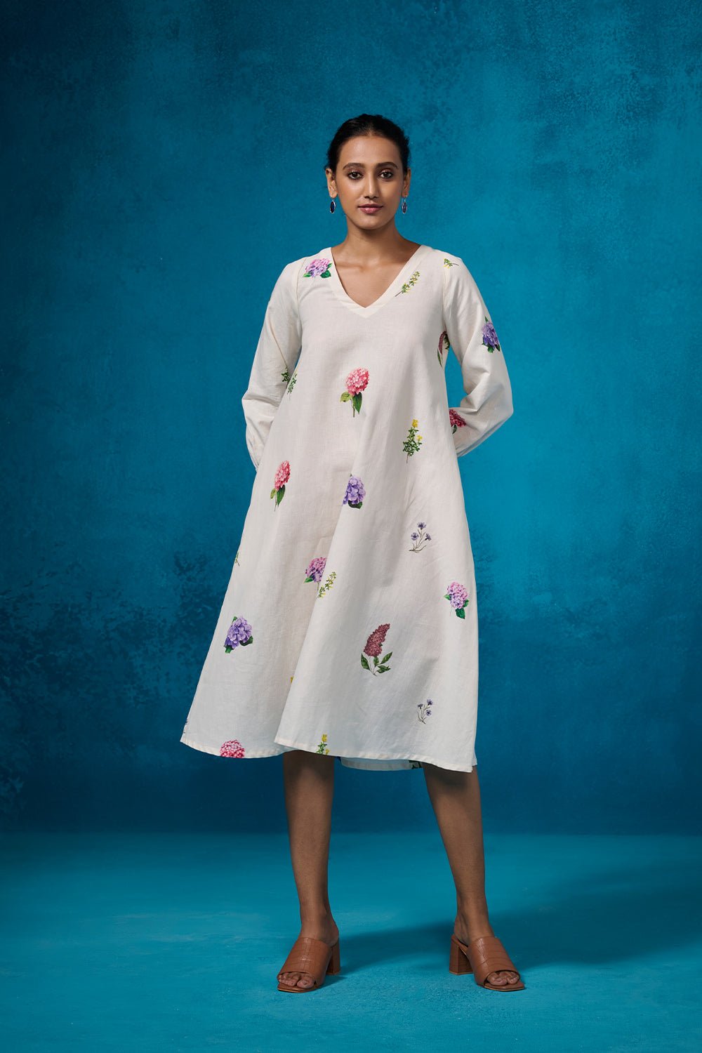 Ivory Floral Linen-Cotton A-Line Midi Dress