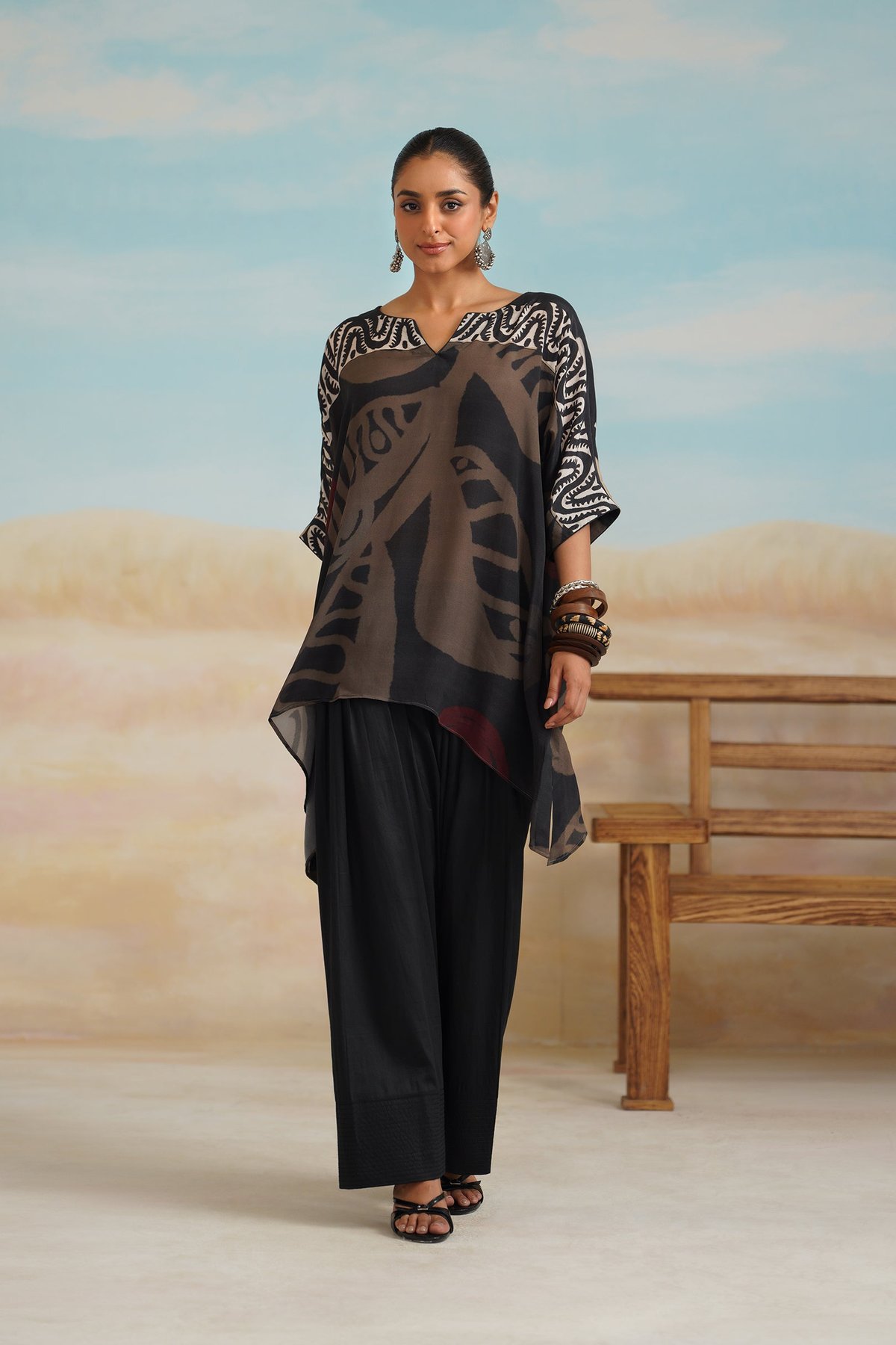 Black Abstract Printed Co-ord Set with V-Neck Top