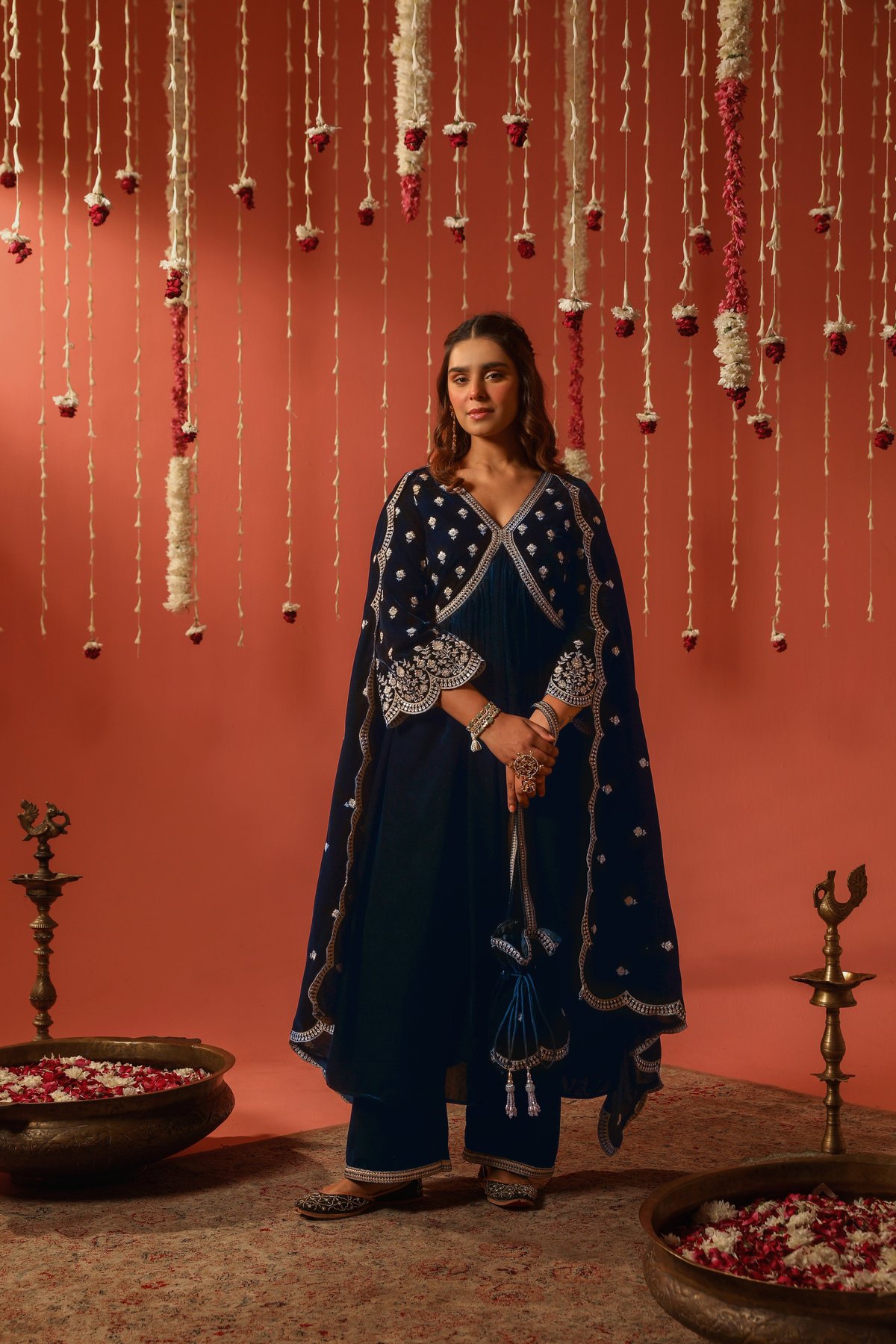 Blue Velvet Anarkali Kurta Set with Embroidery and Dupatta