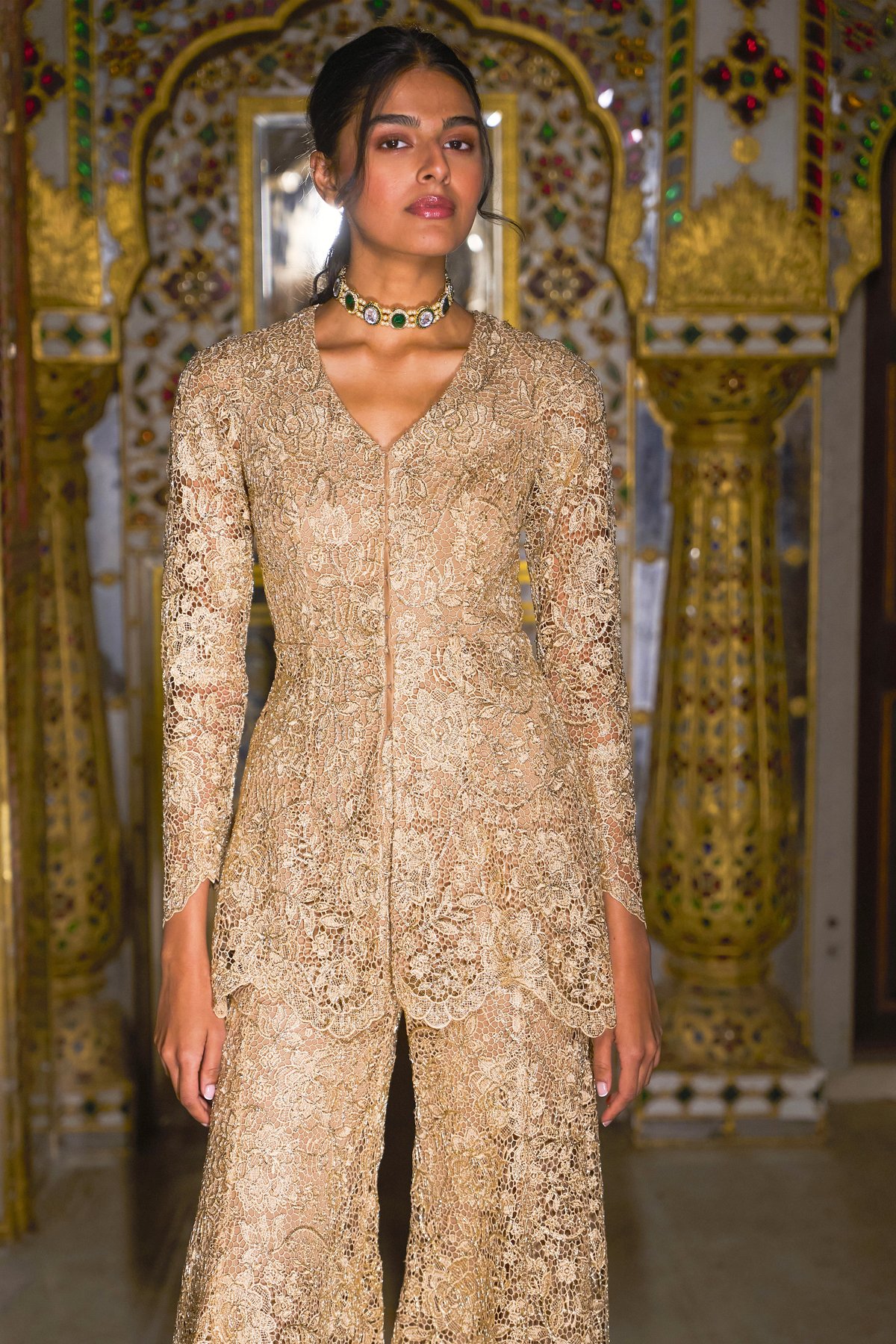 Nude/Gold Embroidered Lace Peplum Top