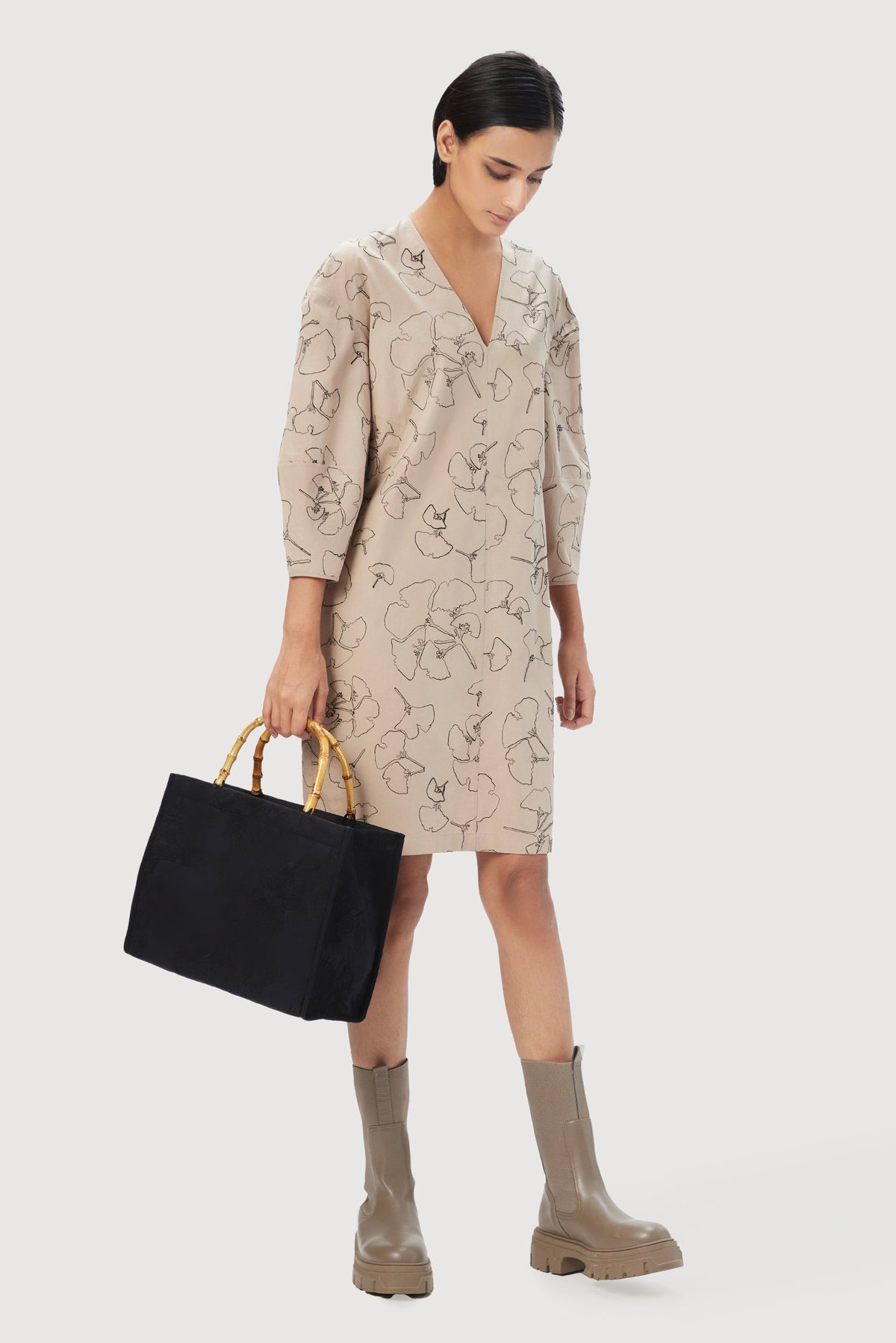 Mastic Beige V-Neck Knee-Length Shift Dress