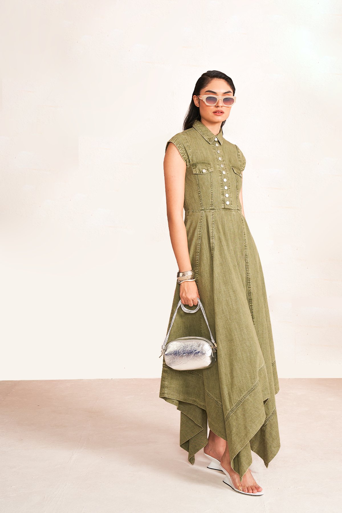 Green Washed Denim Shirt Dress with Handkerchief Hem