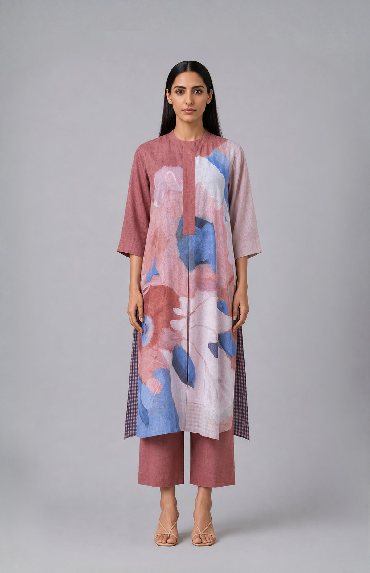 Rust Abstract Print Korean Linen Kurta Set