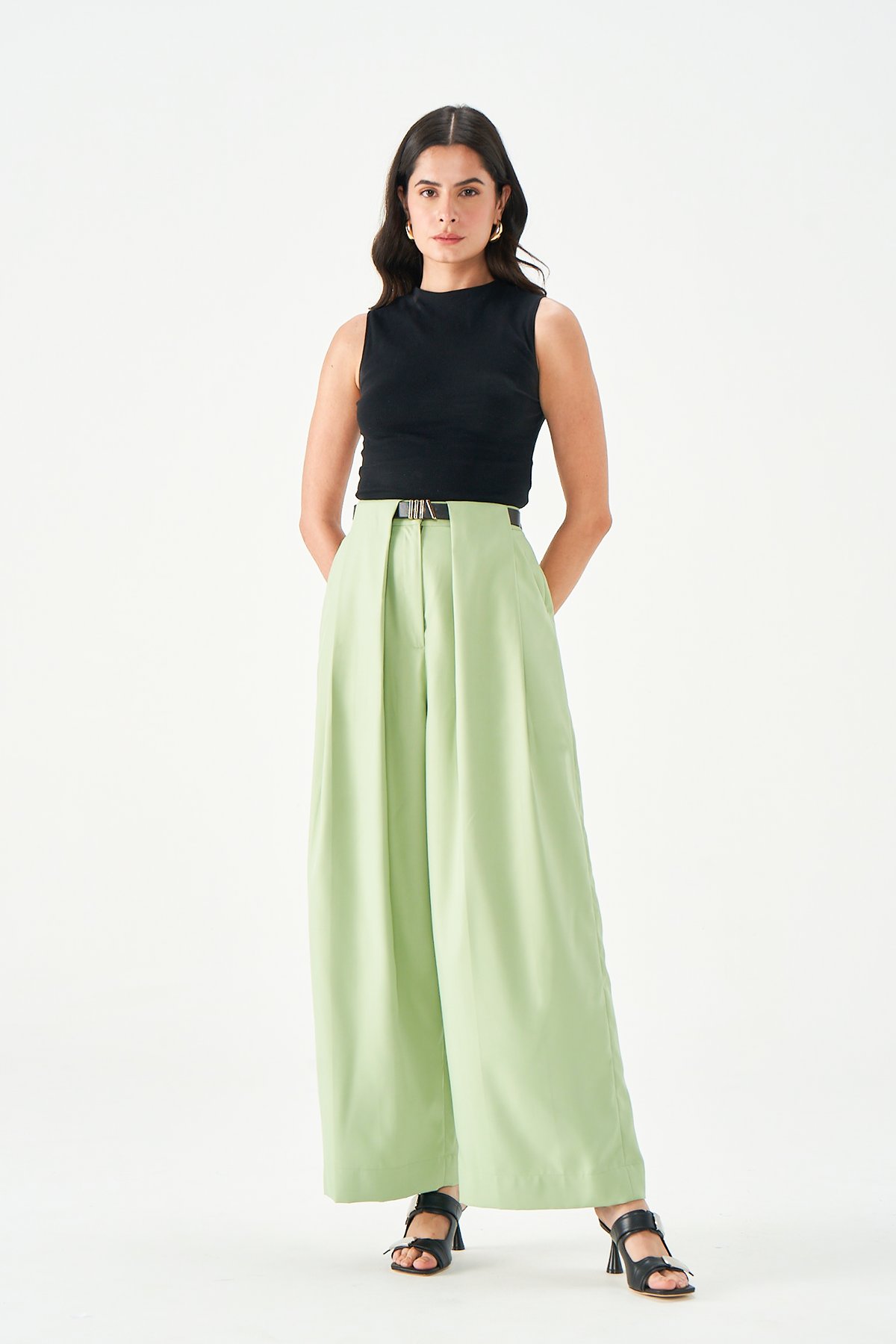 Sage Green High-Waist Wide-Leg Trousers