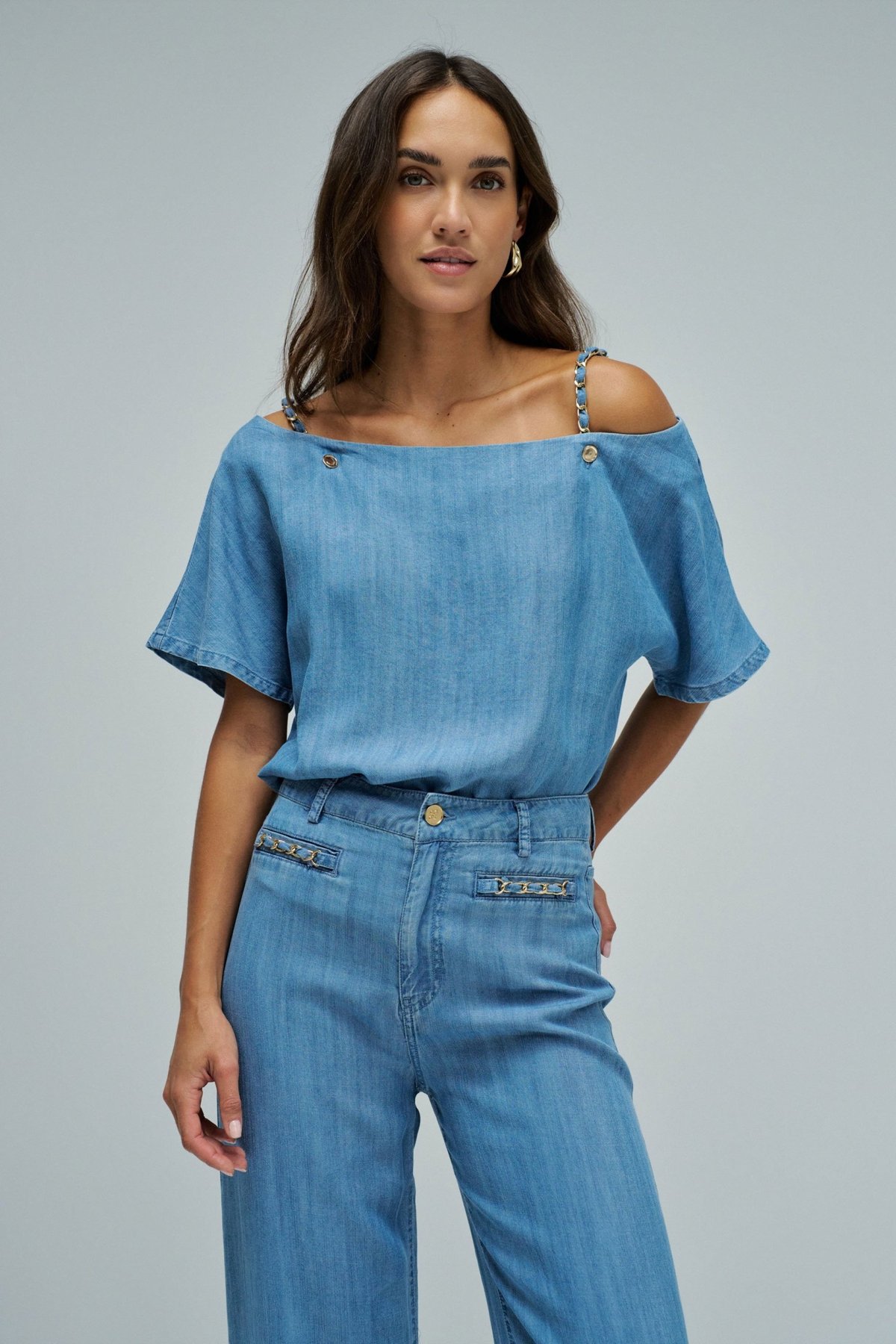 Light Wash Boat Neck Lyocell Top with Chain Straps