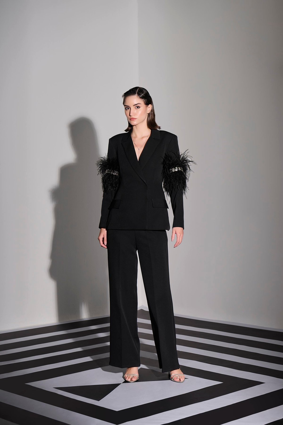 Black Feather Sleeve Blazer and Wide-Leg Pants Co-ord Set