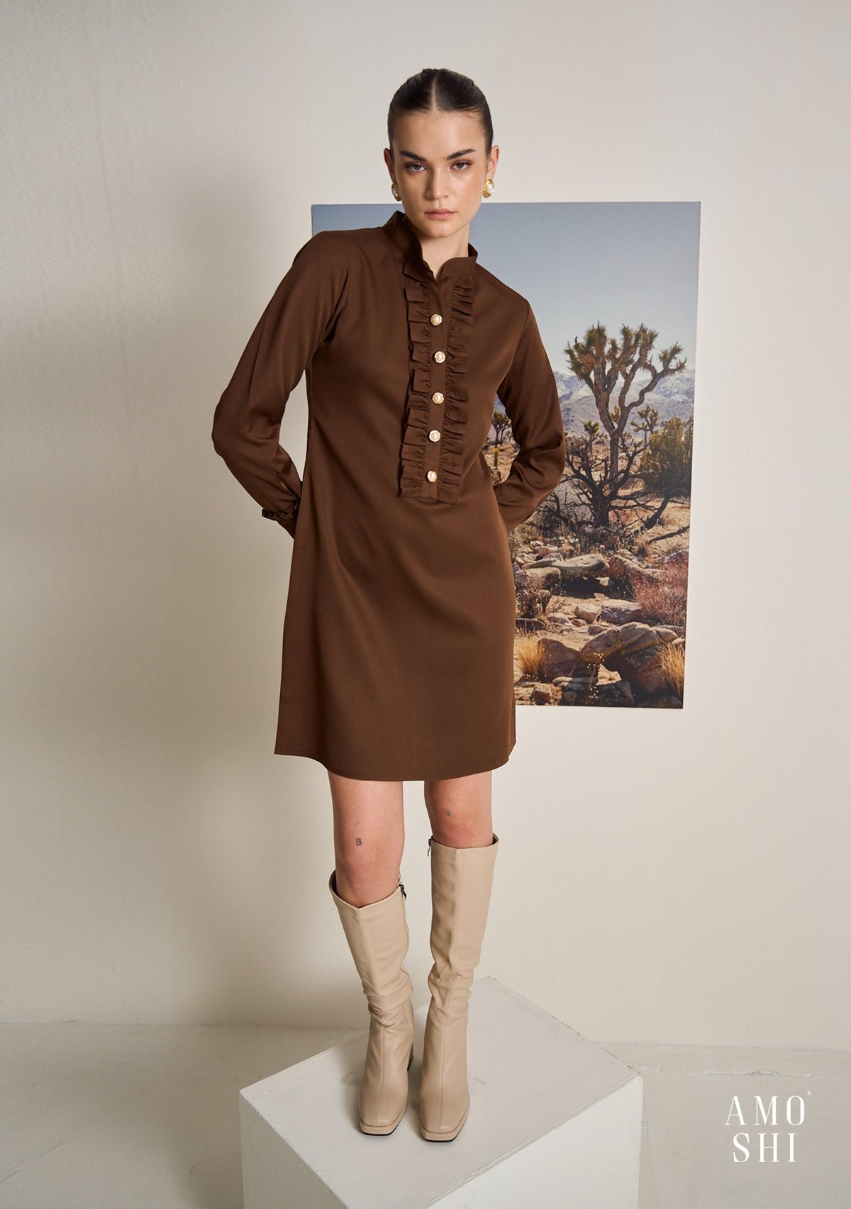 Brown Crepe Mini Shift Dress with Ruffle Placket