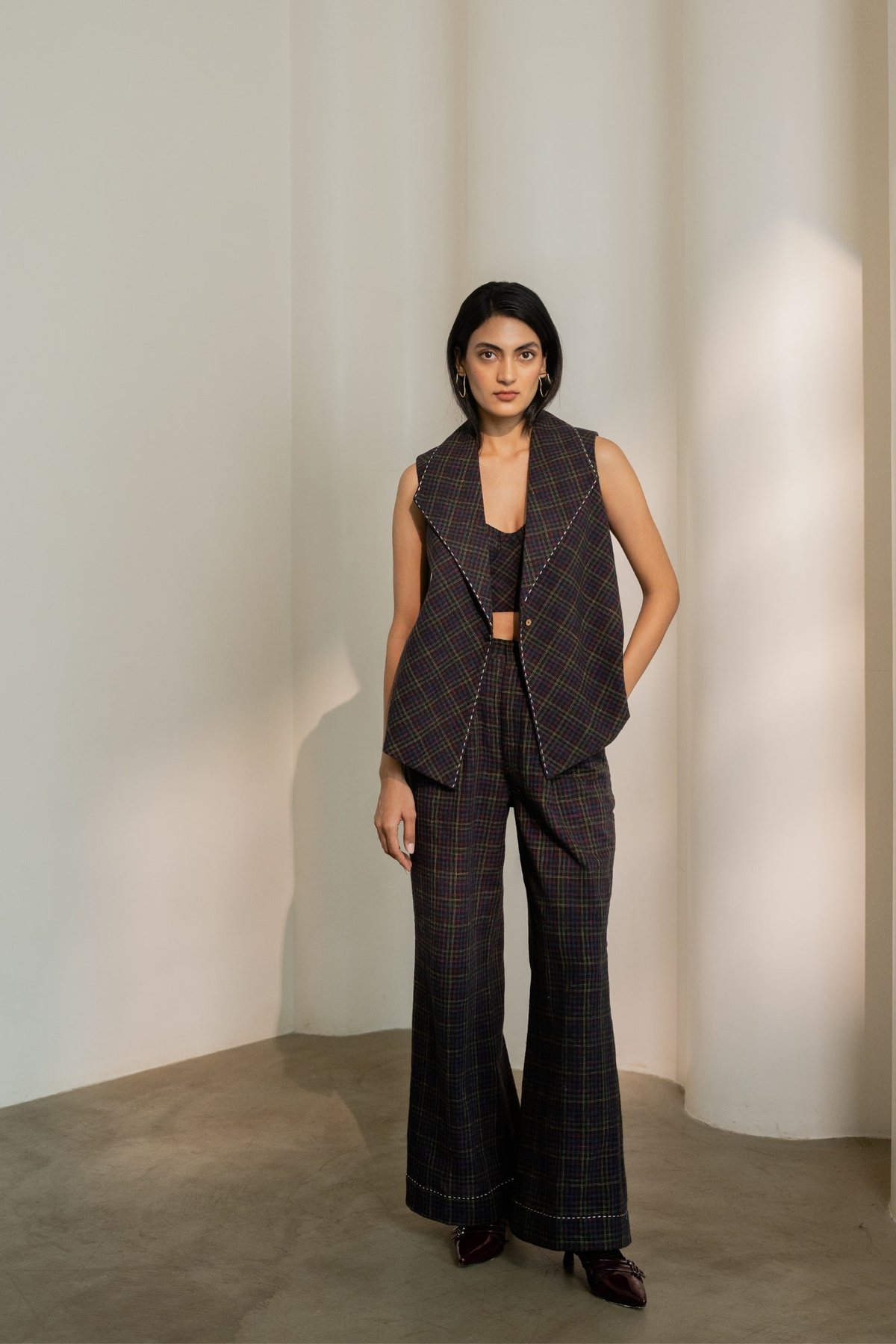 Black Checked High-Rise Flared Trousers