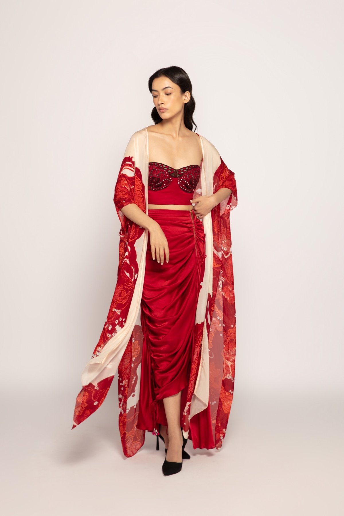 Maroon and Ivory Bandhani Print Maxi Batwing Cape