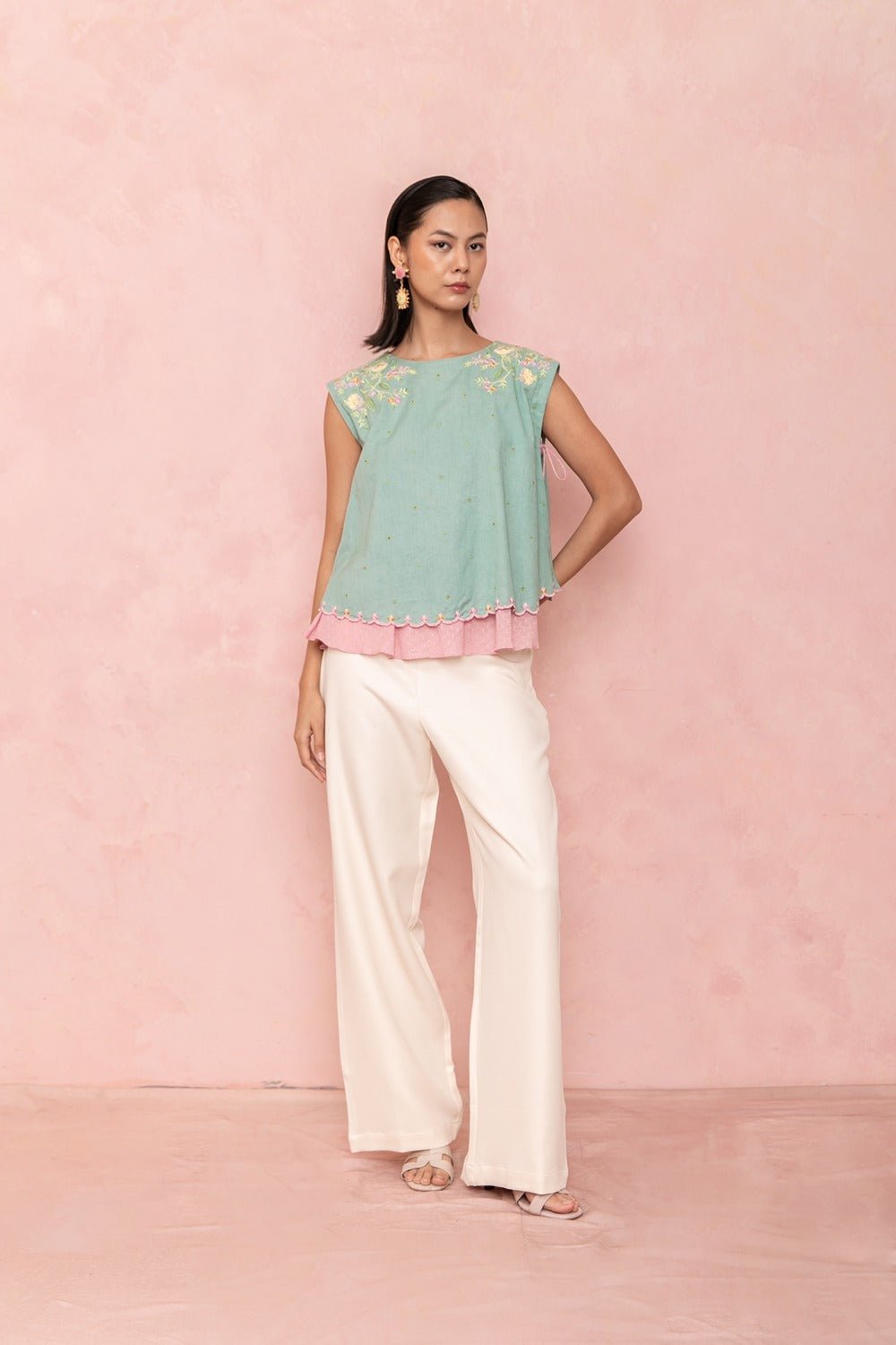 Sea Green Sleeveless Embroidered Layered Hem Tunic