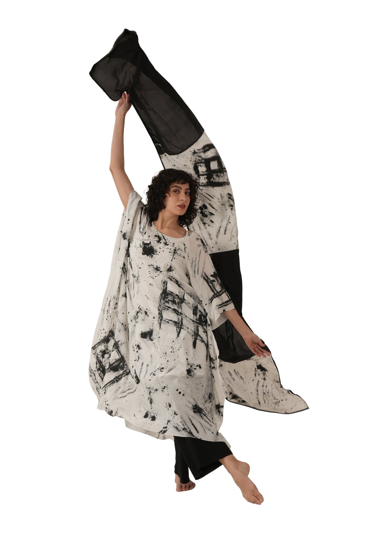 Black Silk Printed Kaftan Co-ord