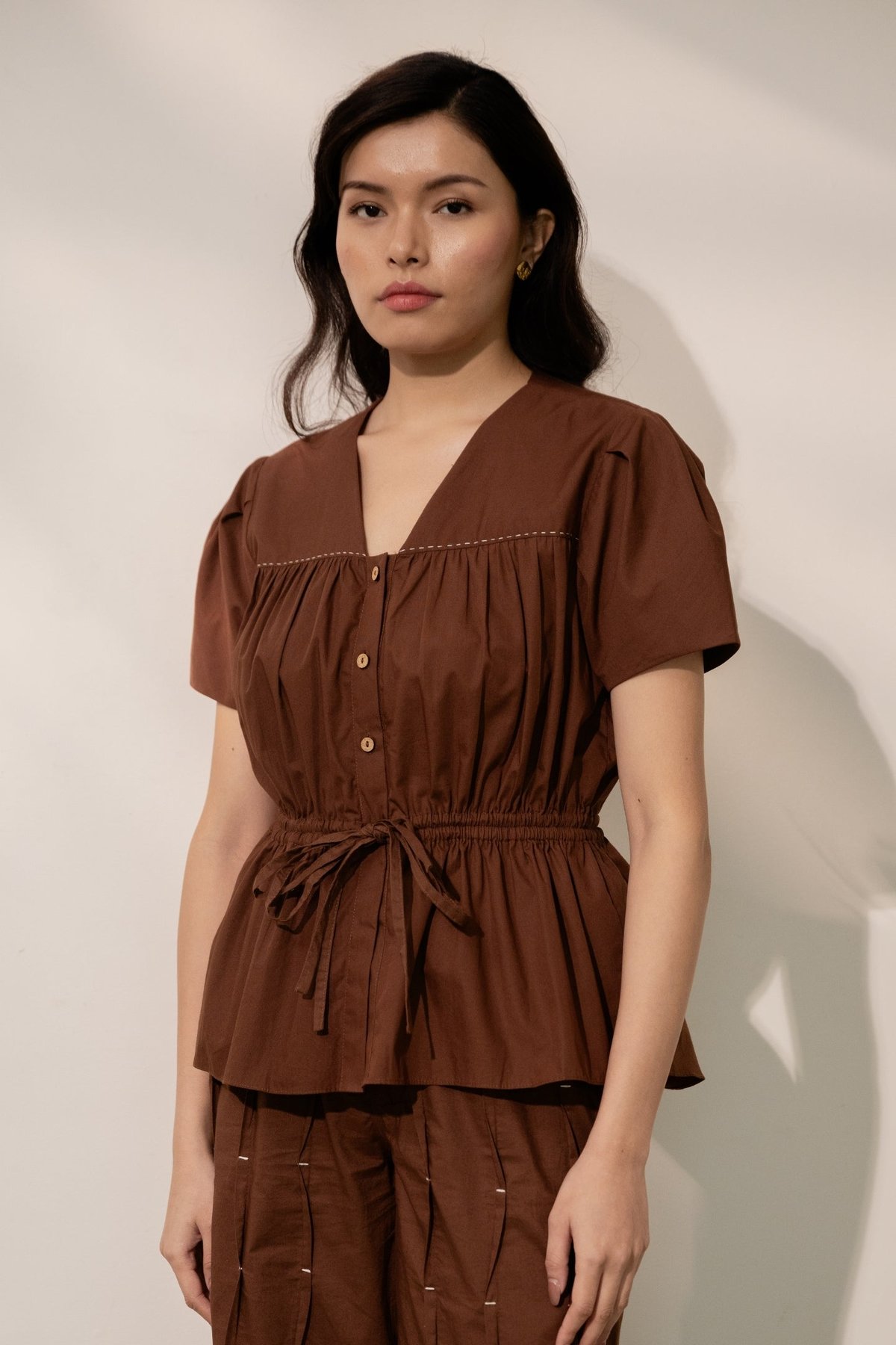 Brown Organic Cotton V-Neck Button-Front Peplum Tie-Up Top