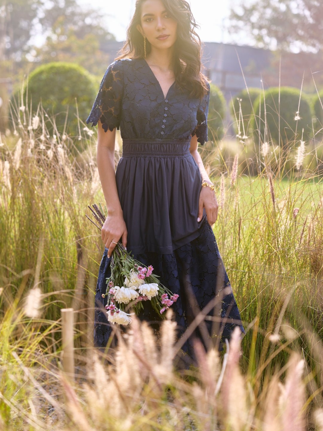 Navy Lace Applique Fit and Flare Midi Dress