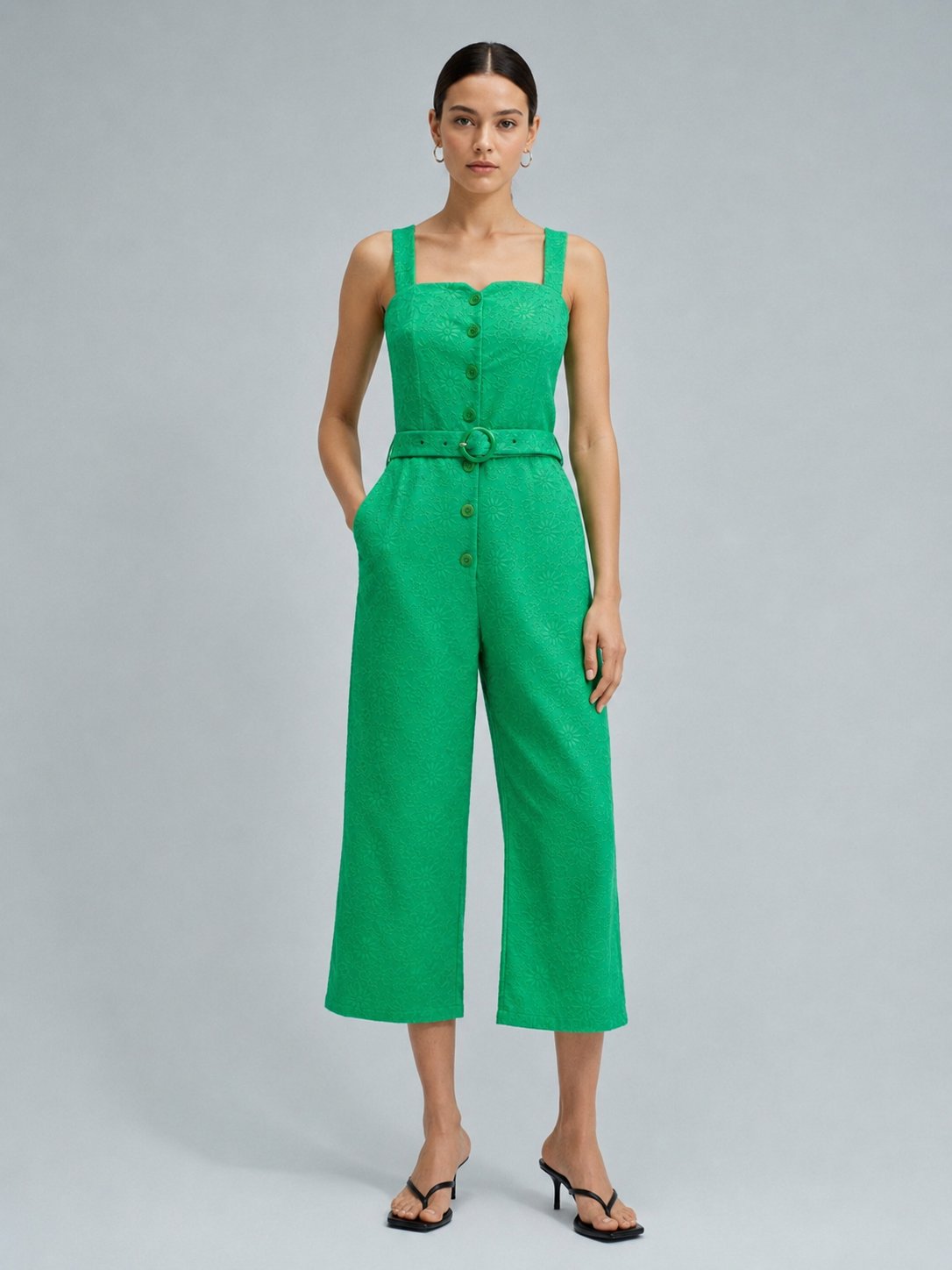 Medium Green Embroidered Belted Cropped Jumpsuit