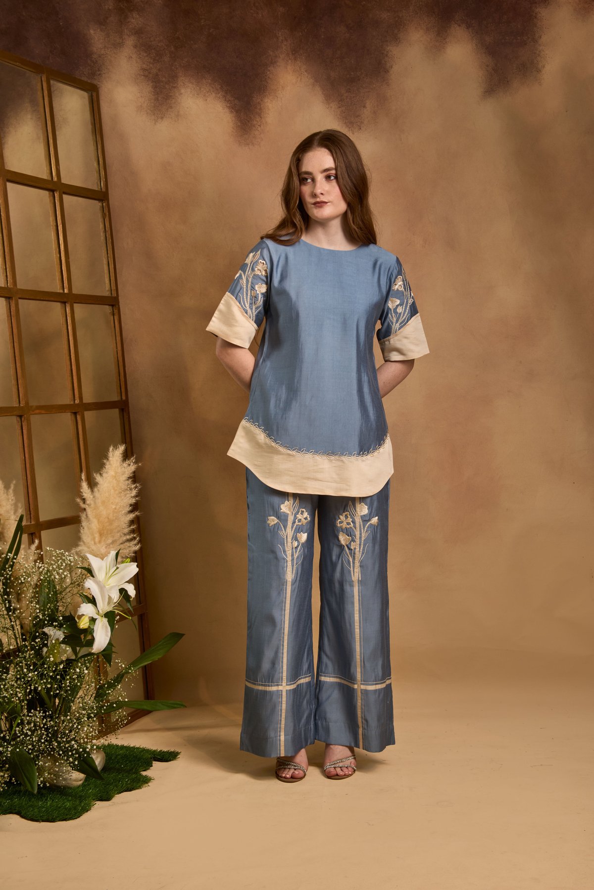 Blue and Cream Colorblocked Embroidered Co-ord Set