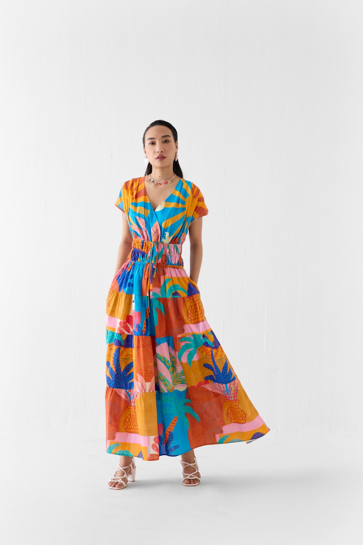 Multicolor Printed A-Line Maxi Dress with Drawstring Waist
