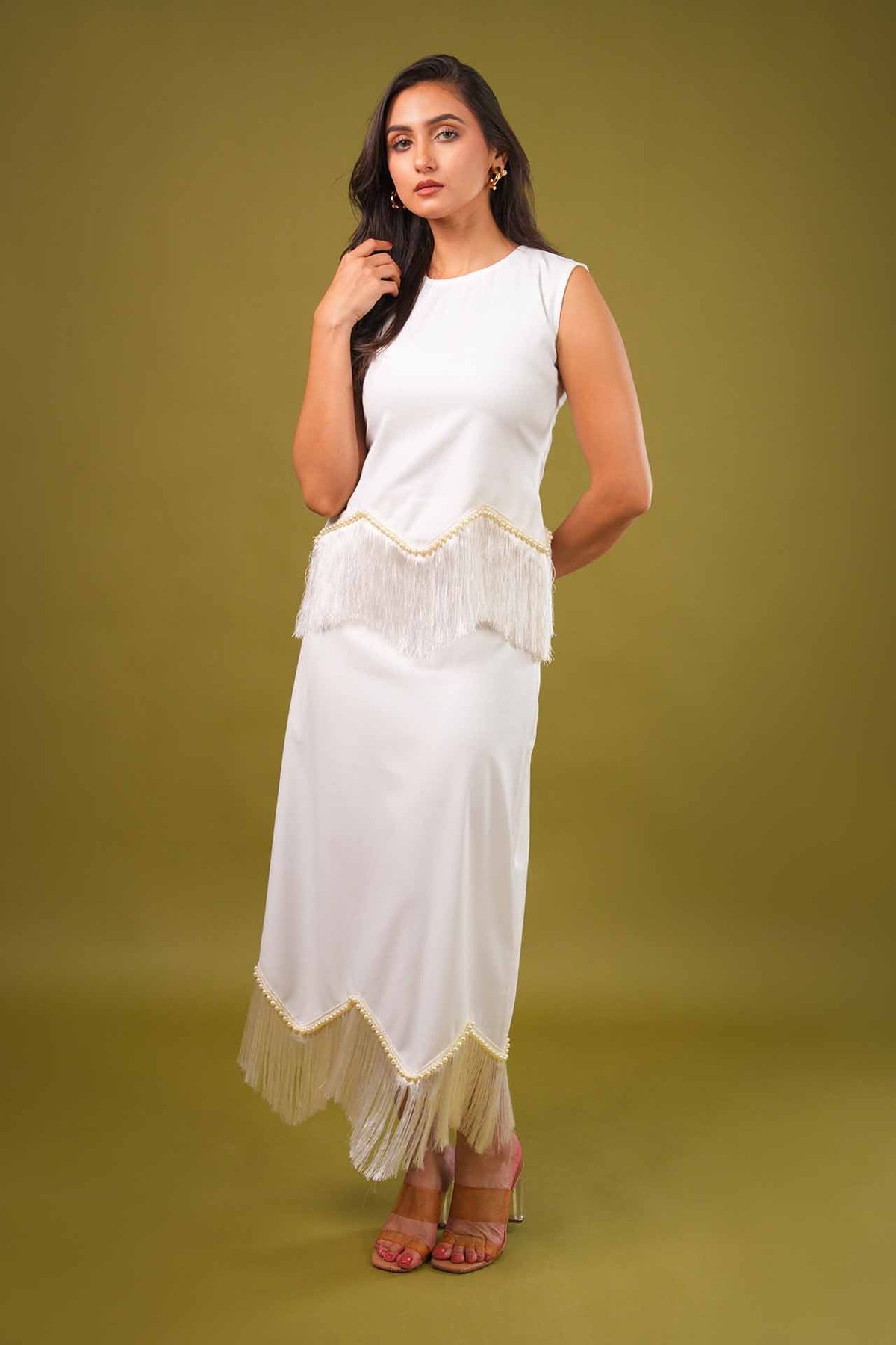 White Pearl-Trim Fringe Hem Co-ord Set with Maxi Skirt