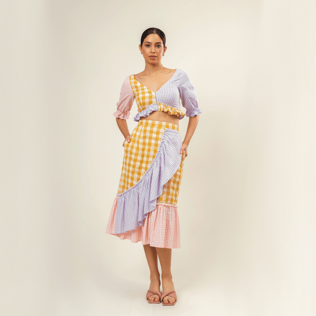 Multicolor Gingham Ruffle Crop Top and Midi Skirt Set