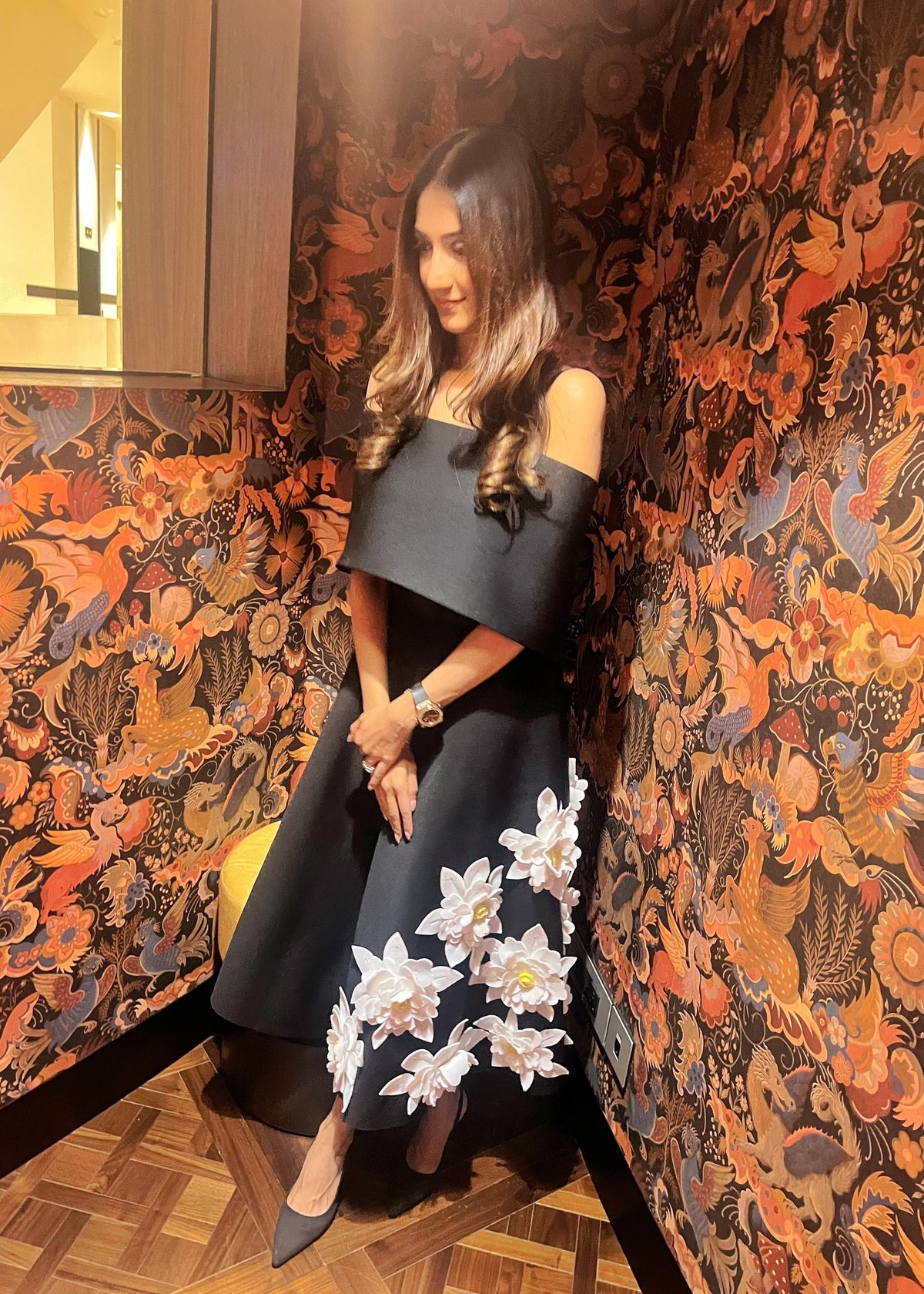 Black Corset Fit and Flare Midi Dress with 3D Florals