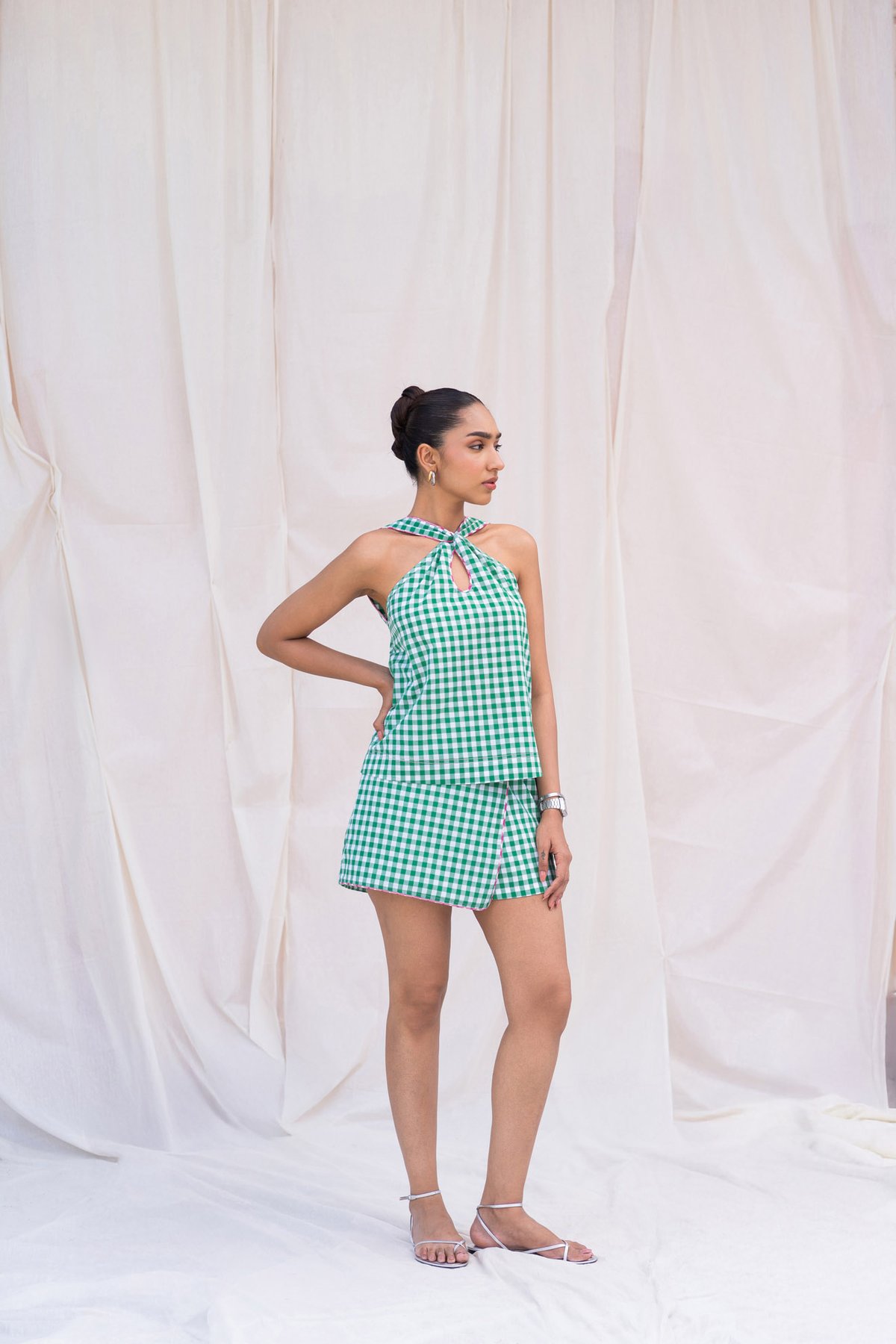 Green and White Gingham High-Waist Mini Skort