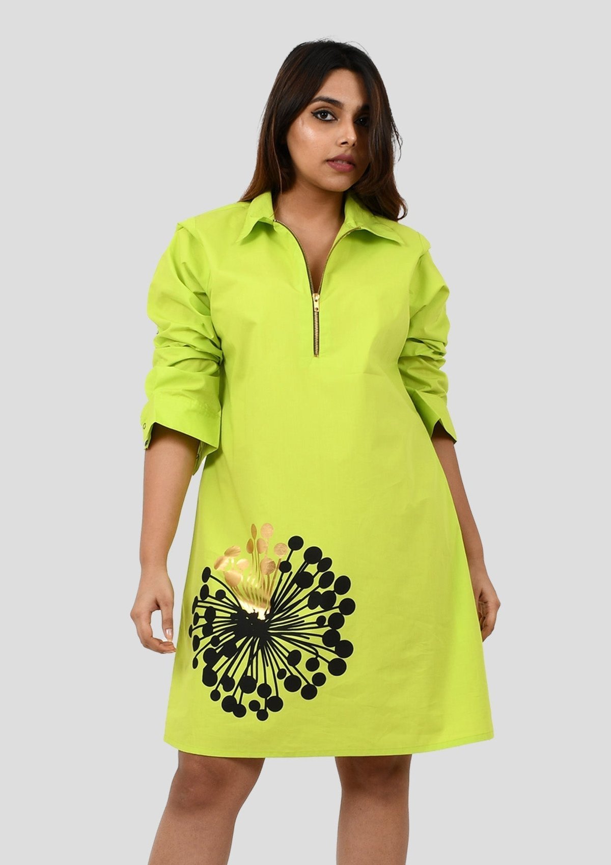 Neon Green One Piece Cotton Dress with Print