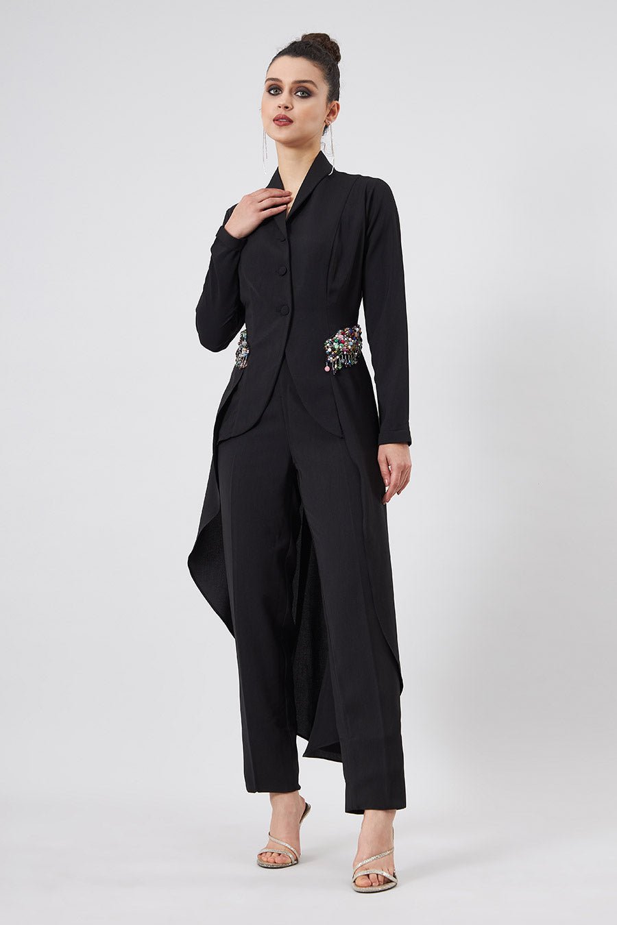 Black Crystal-Embellished Blazer Tunic & Pant Co-ord Set