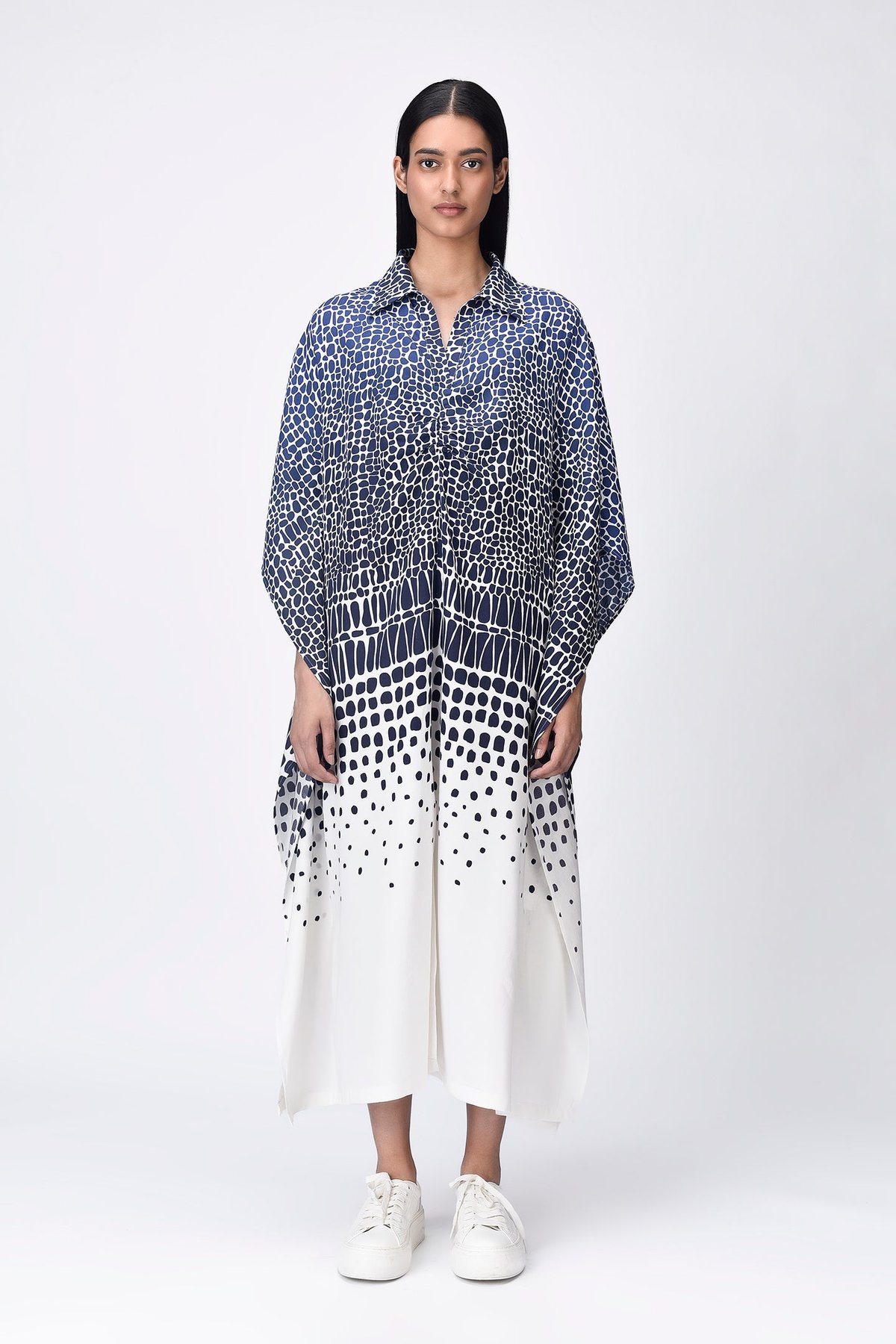 Blue Black Modal Oversized Midi Shirt Dress with Degrade Print