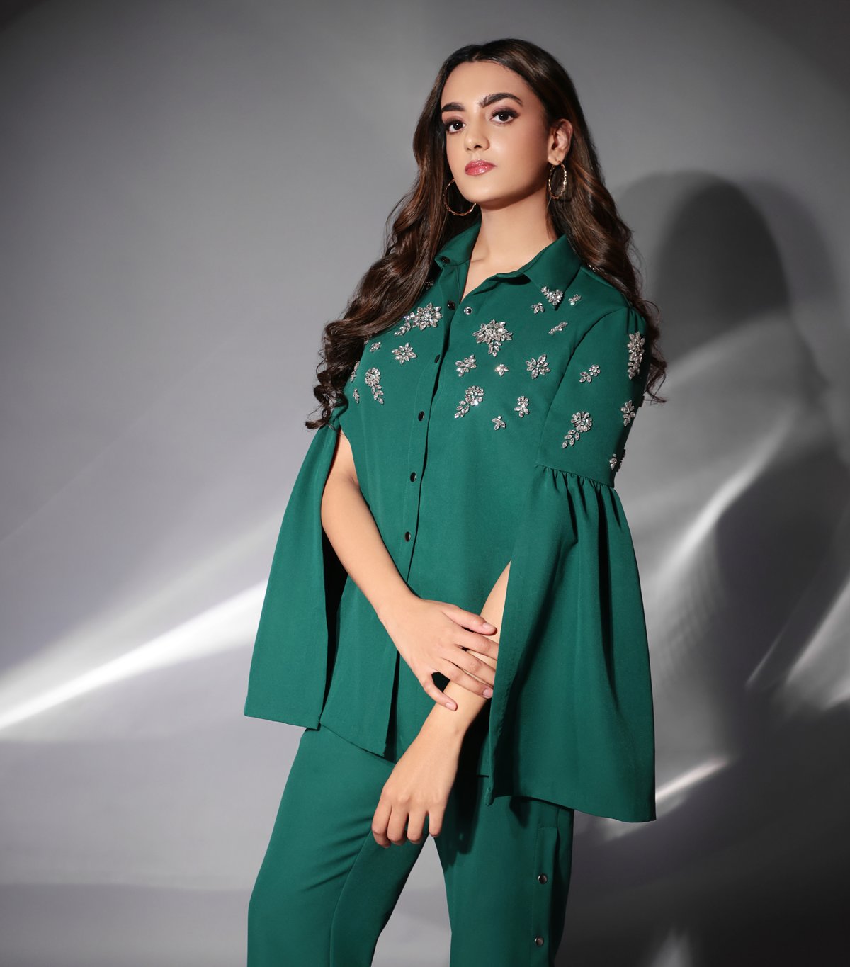 Teal Rhinestone Cape Sleeve Co-ord Set