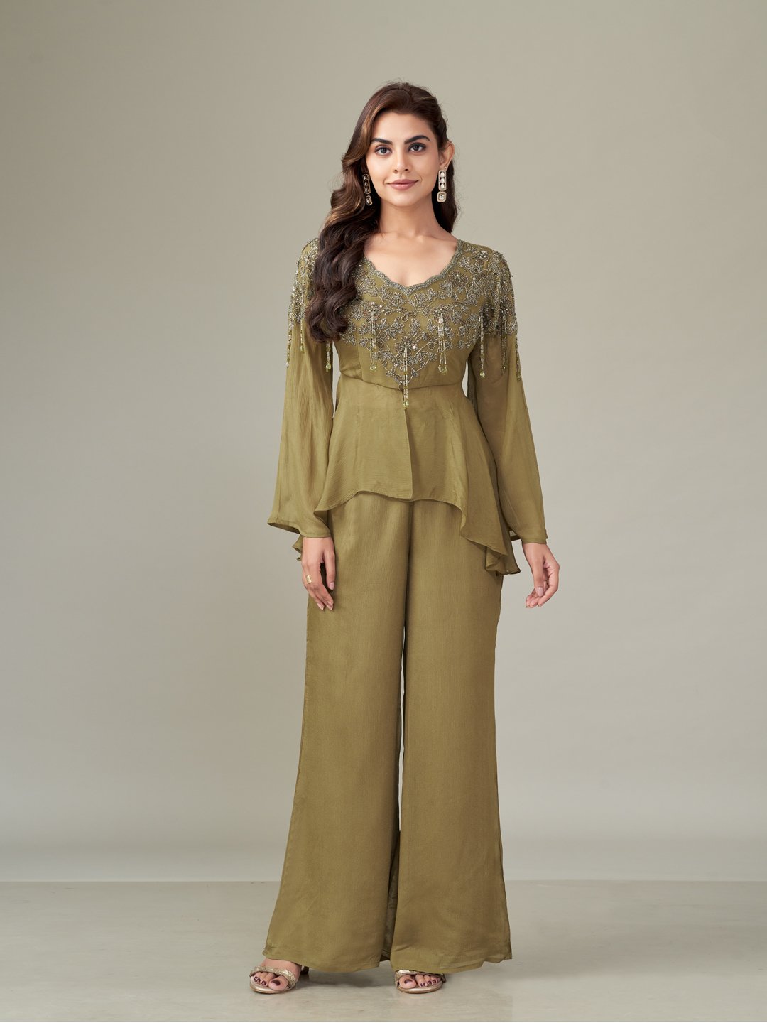 Olive Gold Chiffon Embroidered Co-ord Set