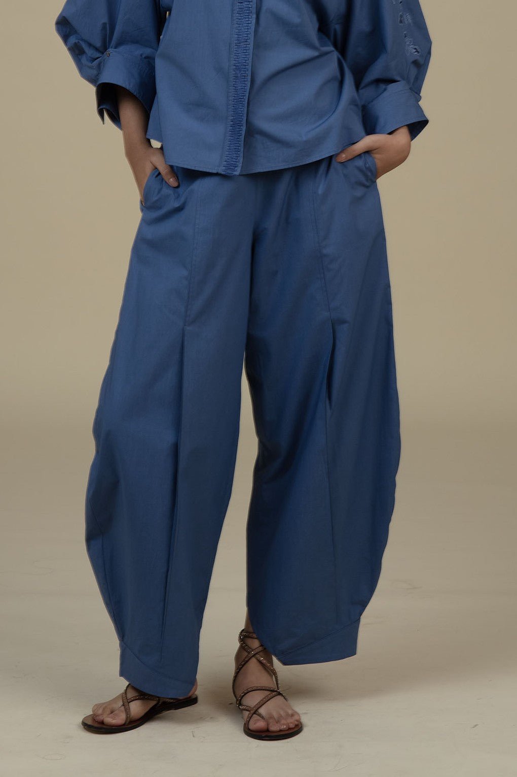 Blue Cotton Barrel-Leg Relaxed Fit Trousers