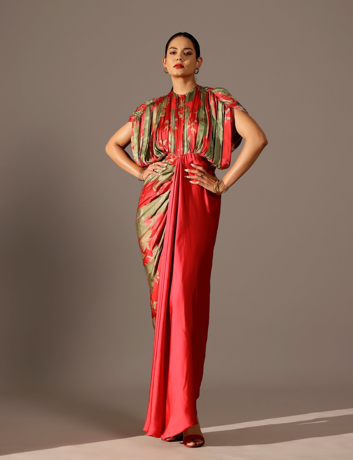 Red and Green Printed Draped Maxi Gown