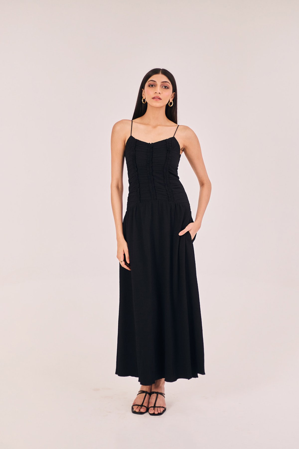 Black Fit and Flare Maxi Dress with Pockets