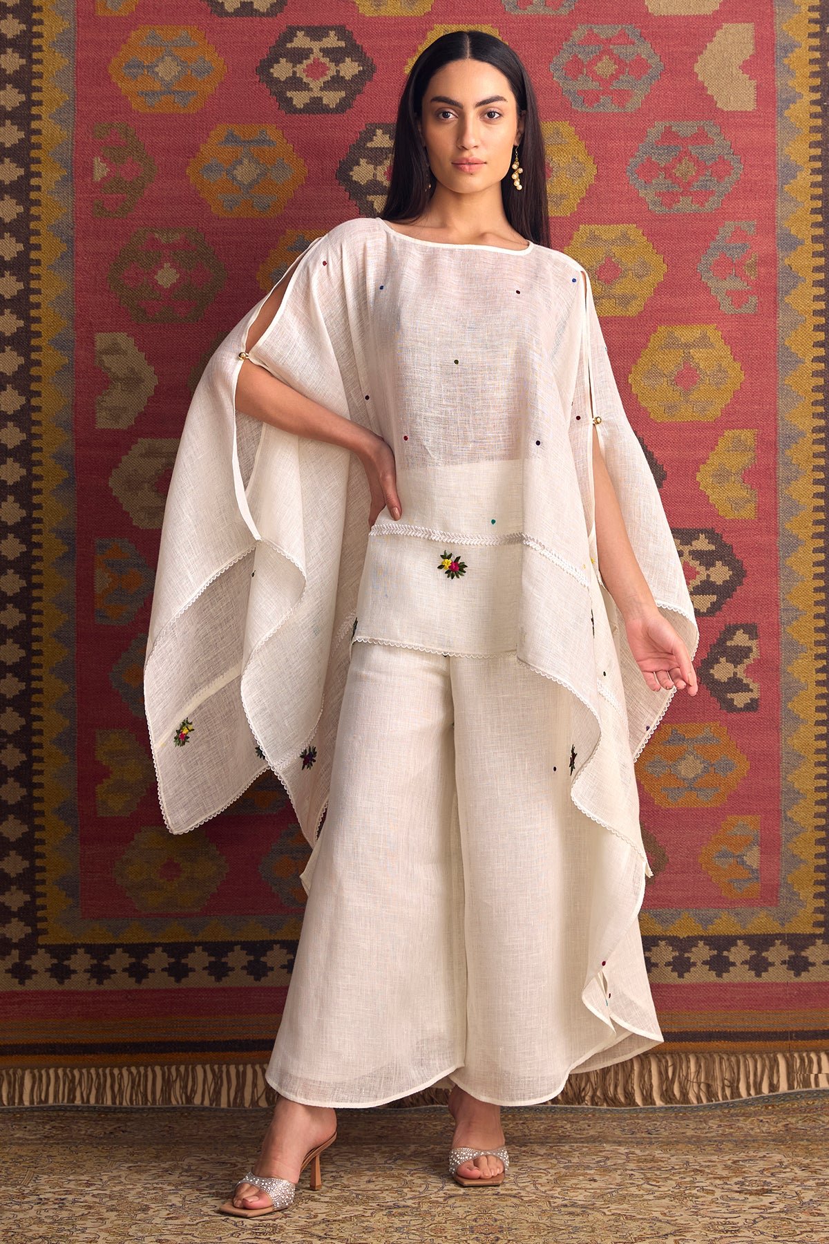 Off White Gauze Linen Embroidered Winged Cape