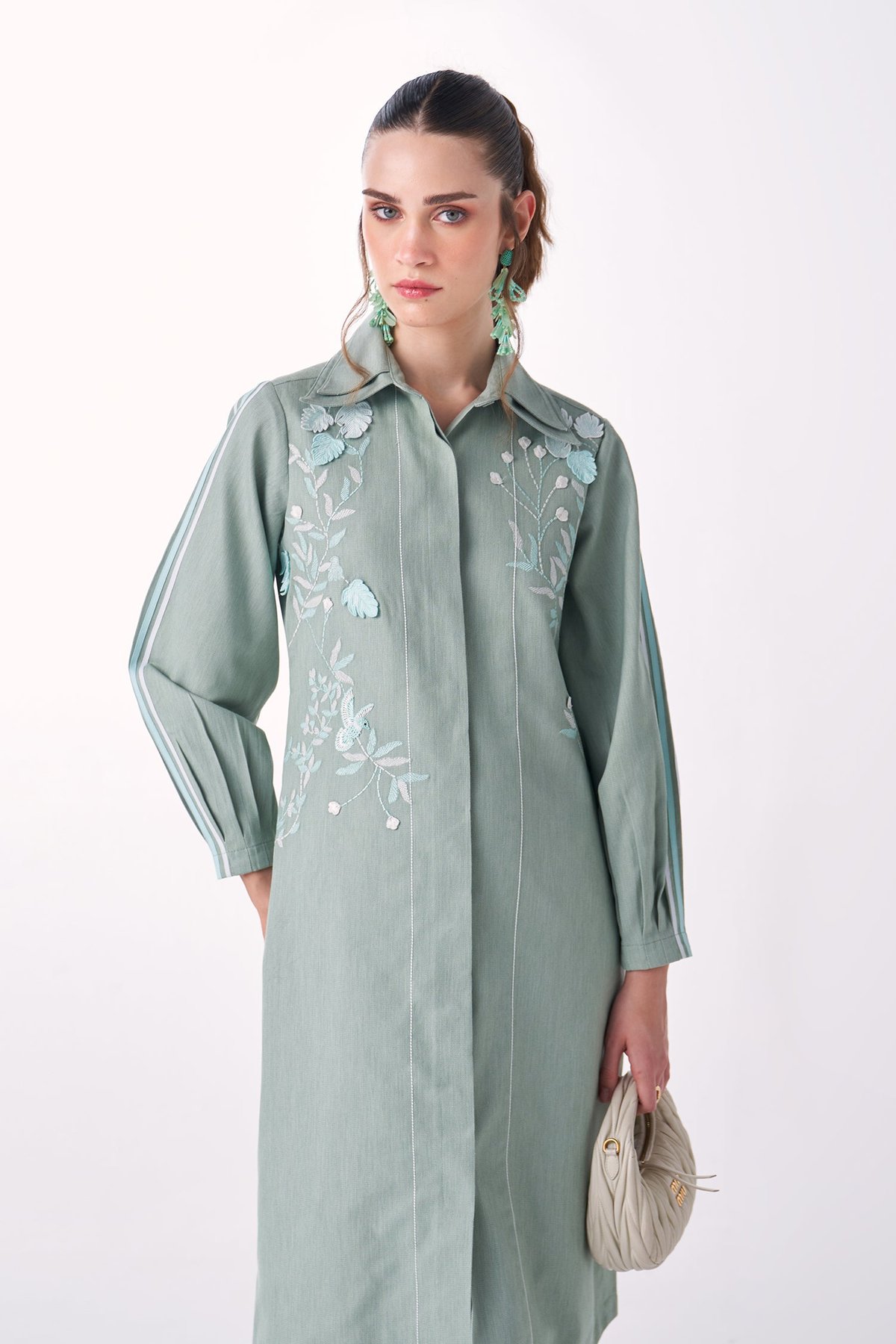 Light Green Denim Midi Shirt Dress with Leaf Embroidery