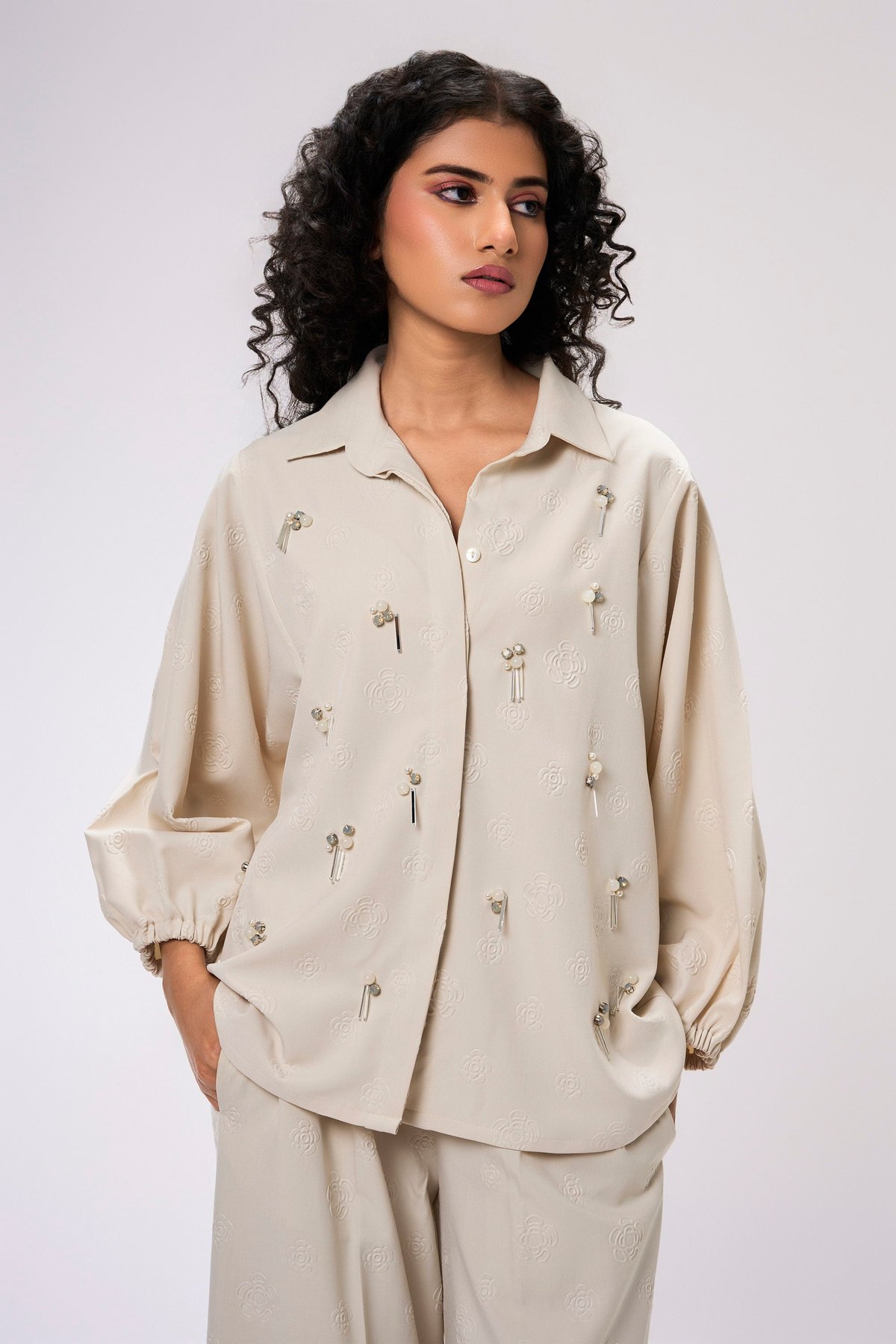 Beige Floral Jacquard Embellished Button-Down Shirt