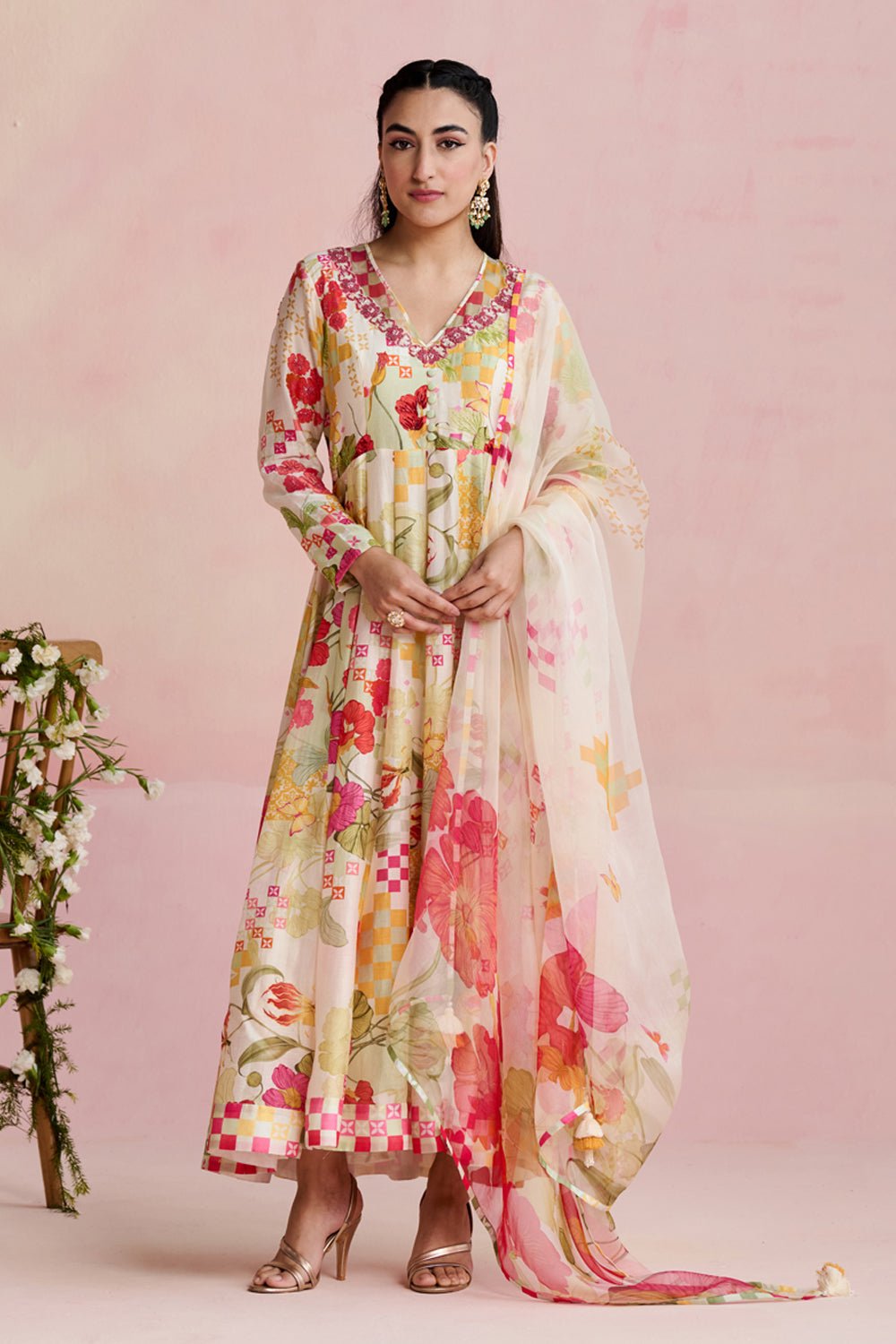 Pastel Floral Printed Anarkali Kurta Set With Dupatta