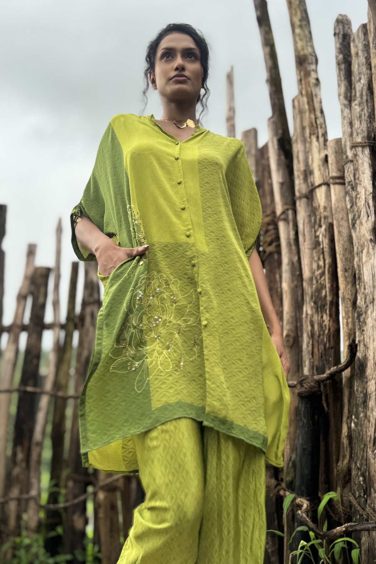 Olive Crepe Kurta and Pant Set with Button-Front