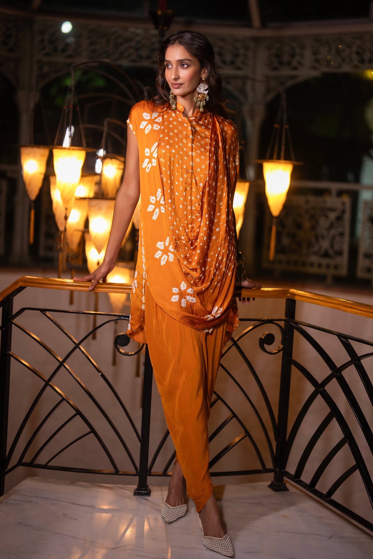 Bandhani Cowl Drape Top & Tulip Hem Pant Set