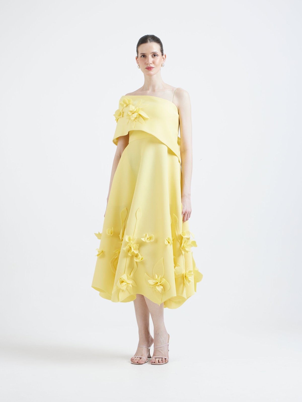 Yellow Neoprene Fit and Flare Midi Dress with 3D Florals