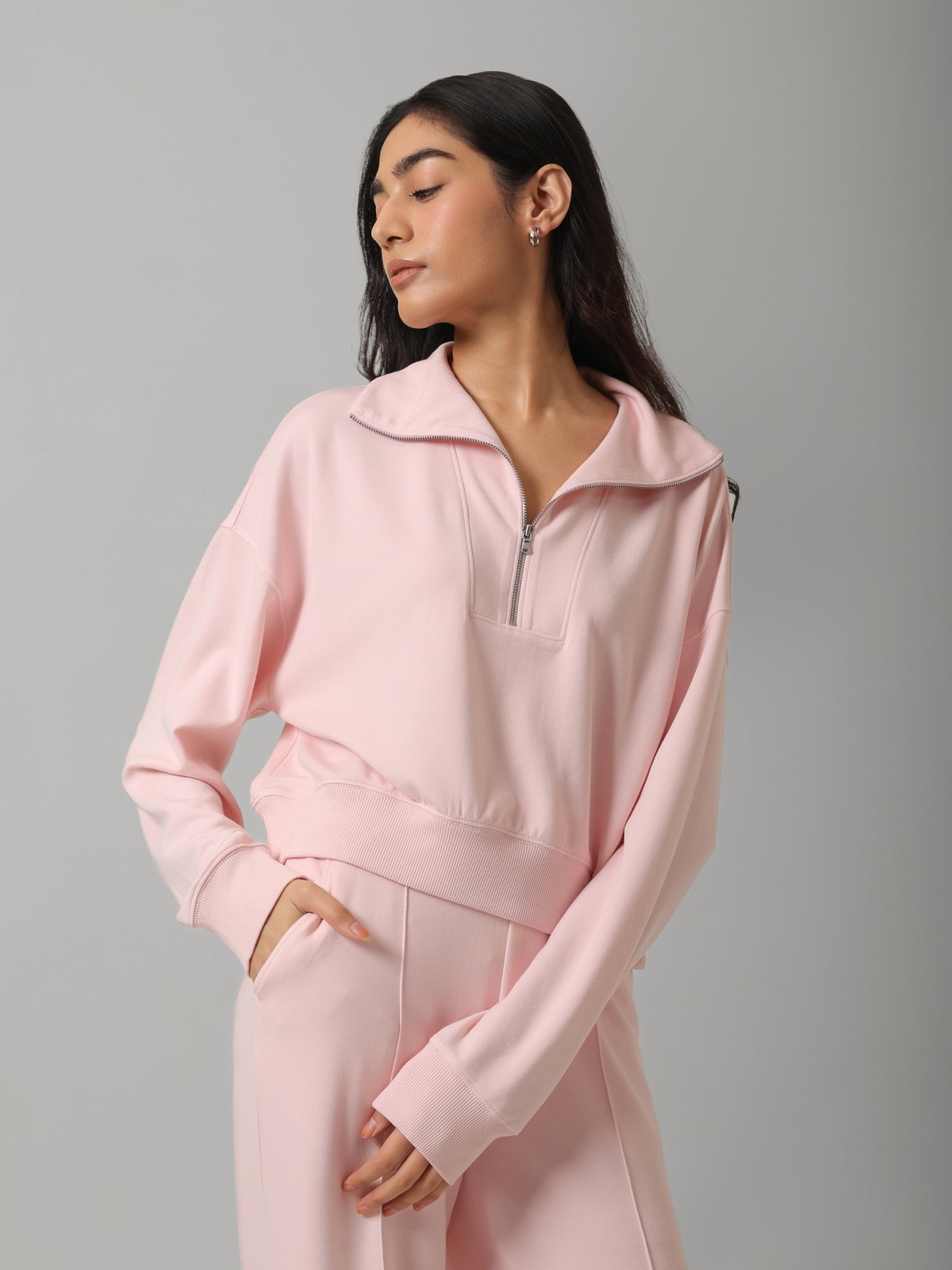 Pink Cropped Quarter-Zip Pullover Top