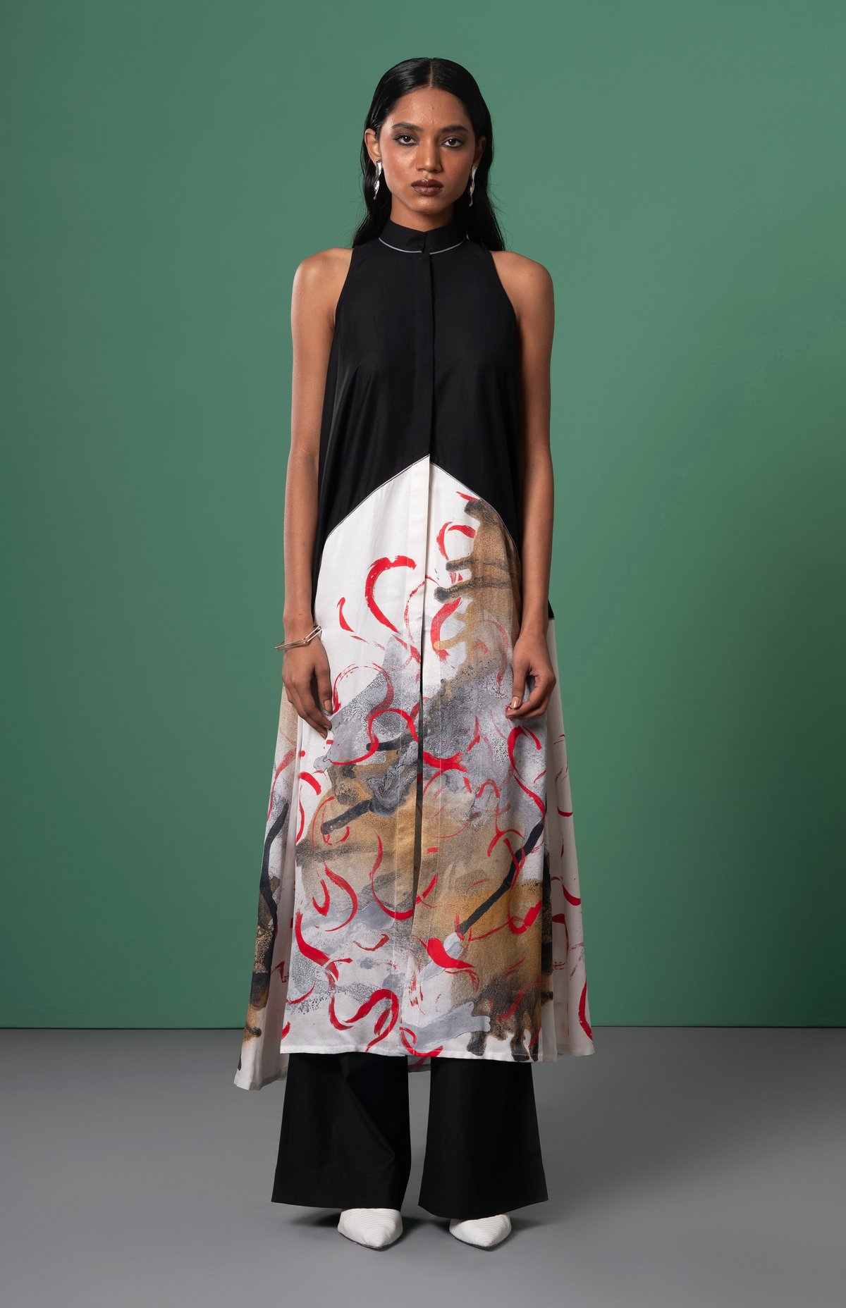 Black Halter-Neck Longline Top and Flared Pants Co-ord Set